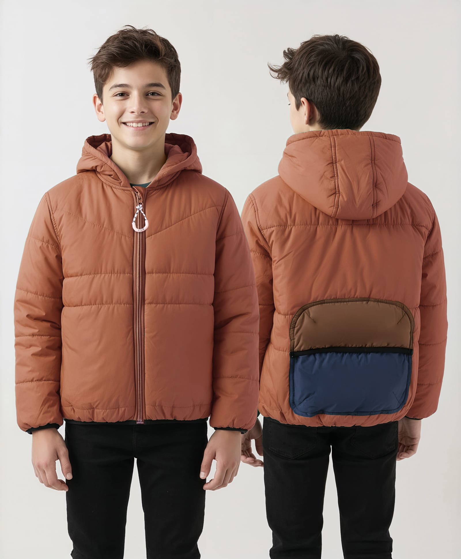 Little Kangaroos Woven Full Sleeves Solid Padded Hooded Jacket - Tan-picture-15