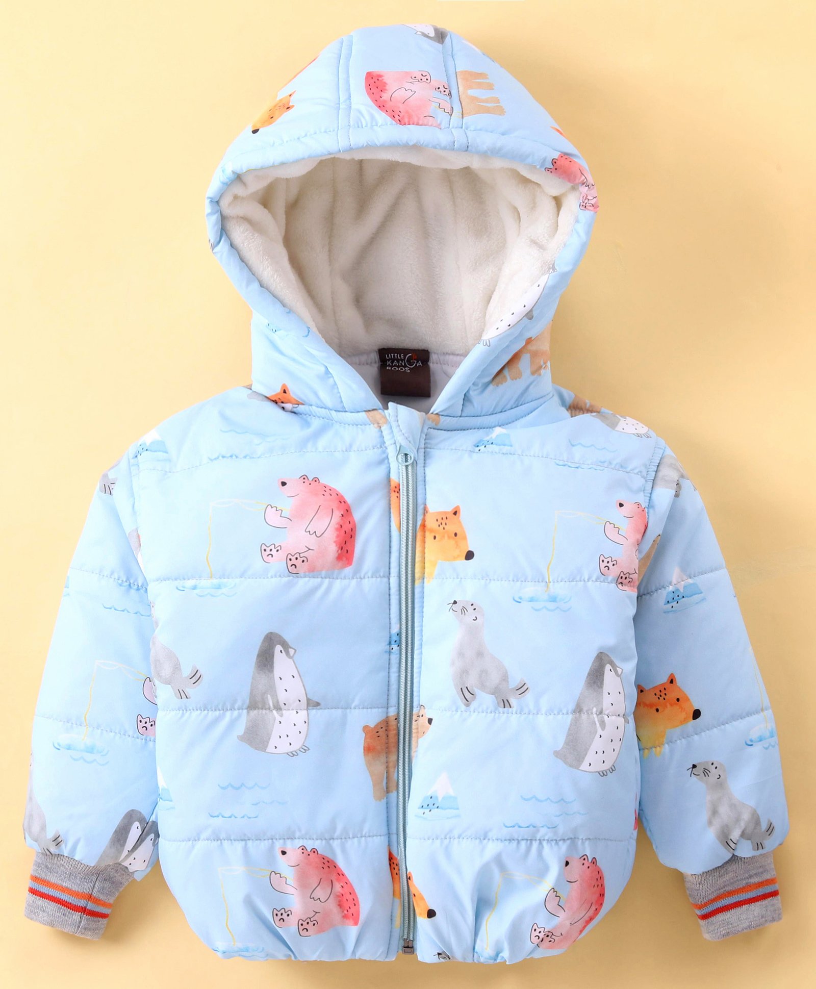 Little Kangaroos Woven Full Sleeves Bear Printed Hooded Jacket - Sky Blue-image-30