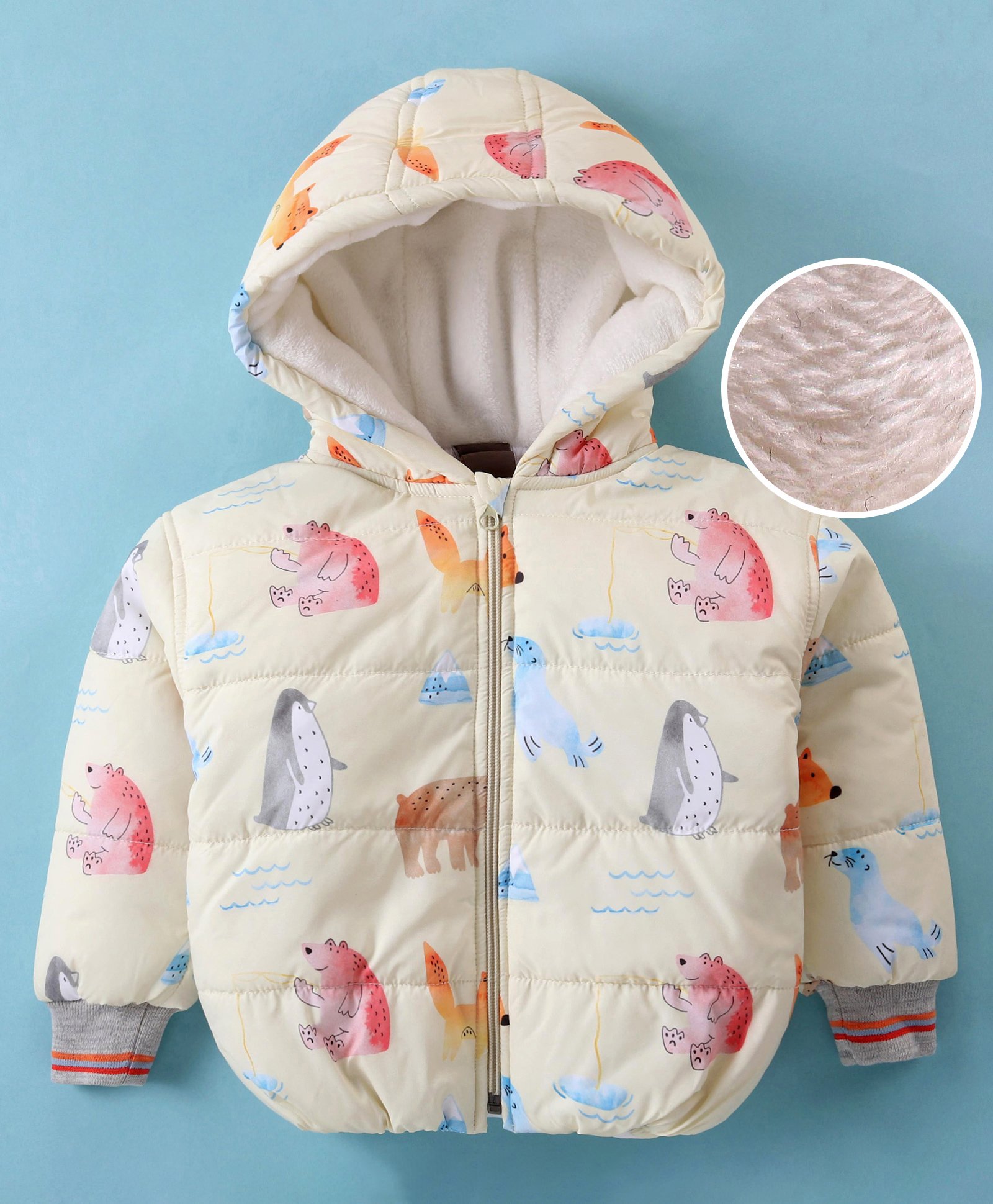 Little Kangaroos Woven Full Sleeves Bear Printed Hooded Jacket - Yellow-picture-22