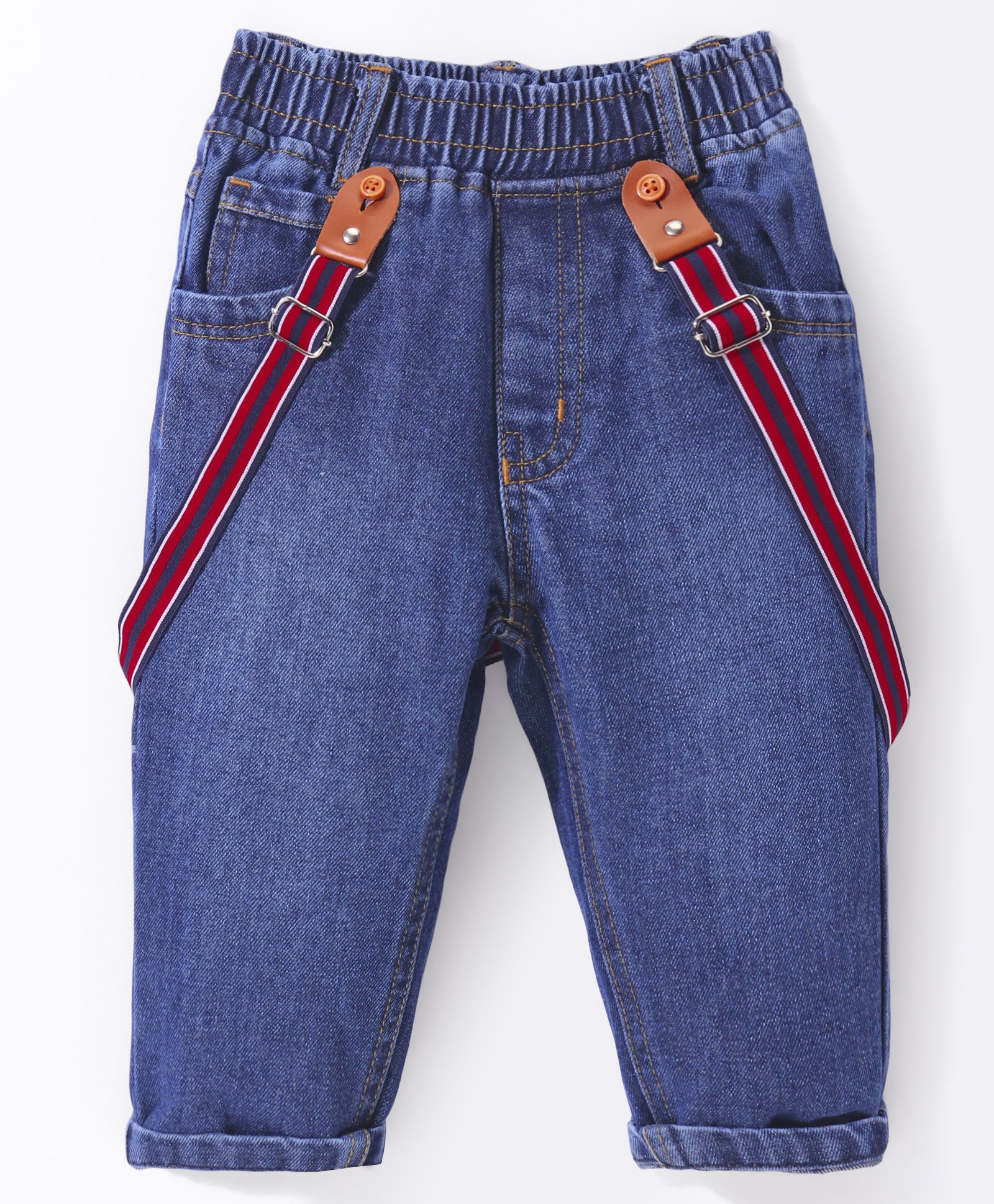 Little Kangaroos 100% Cotton Full Length Denim Jeans Solid Colour with Suspender - Dark Blue-picture-29