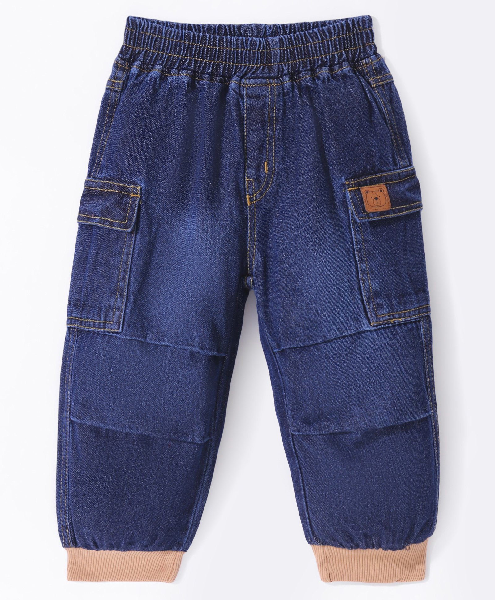 Little Kangaroos  100% Cotton Full Length Denim Jeans  with Teddy Patch Solid Colour - Dark Blue-image-33