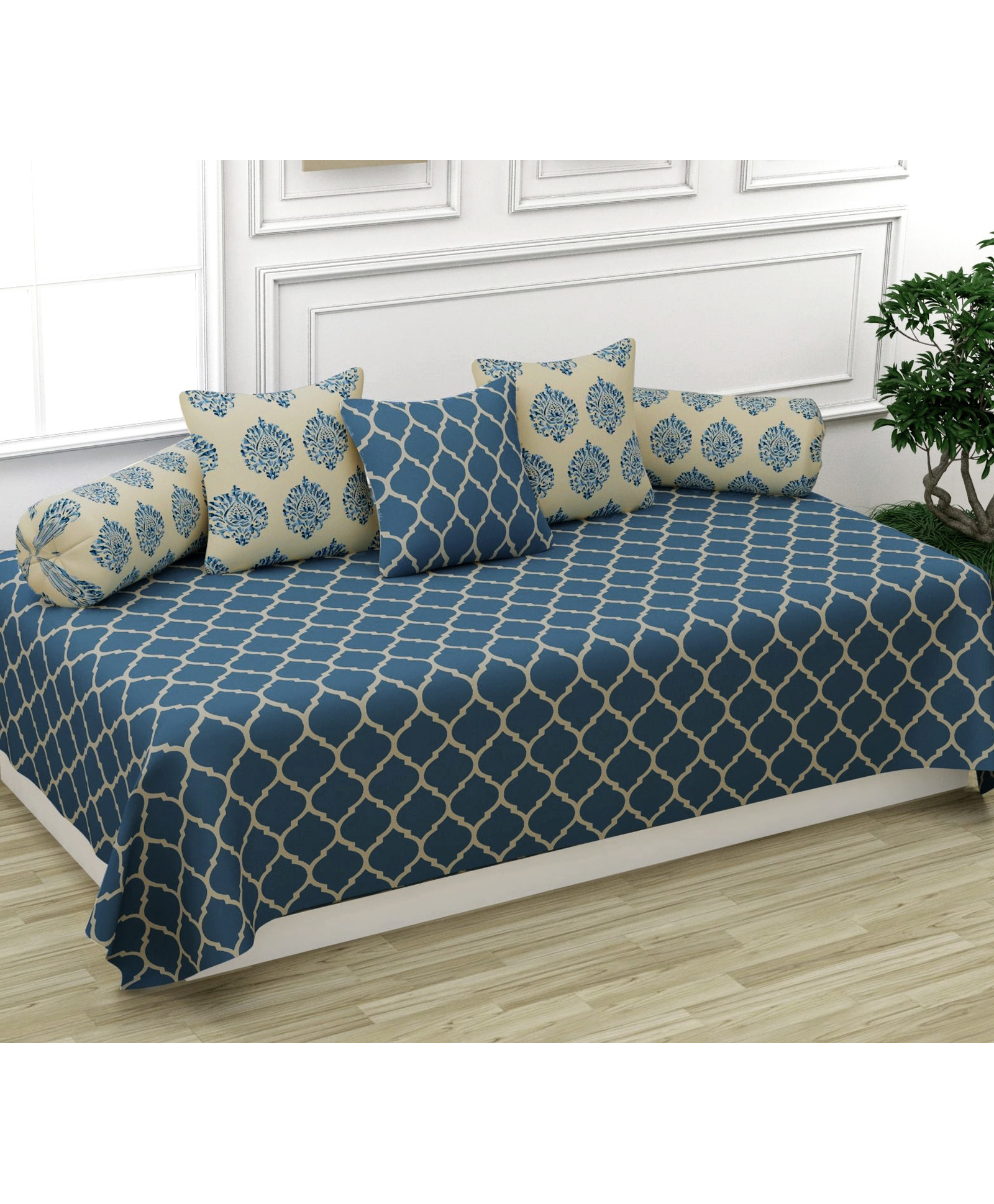 Trance Home Linen 200TC Cotton Printed Diwan Set 6 Piece Dori Blue-image-21
