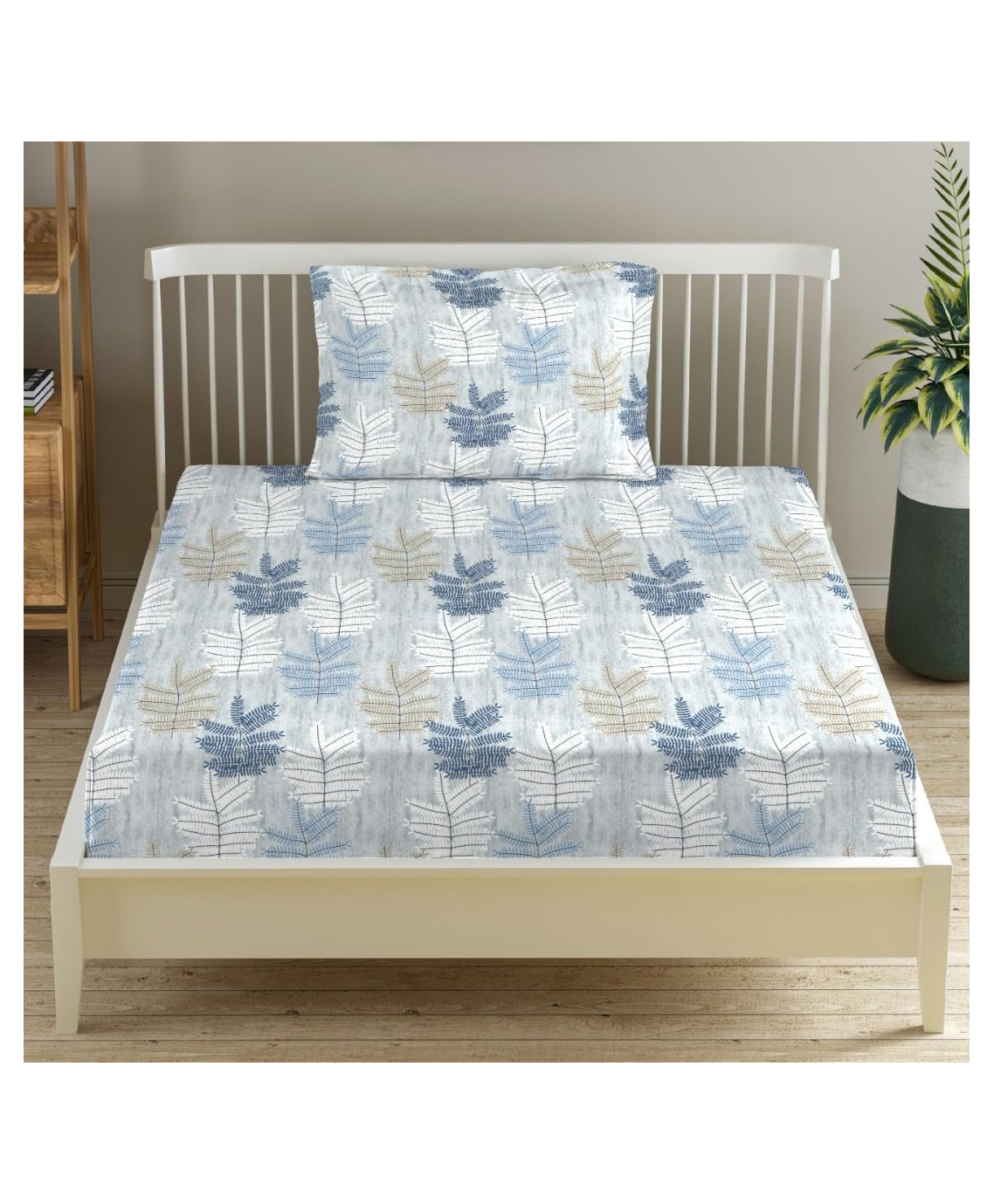 Trance Home Linen Printed Bedsheet Single Flat with 1 Pillow Cover - Ferns Blue-picture-1