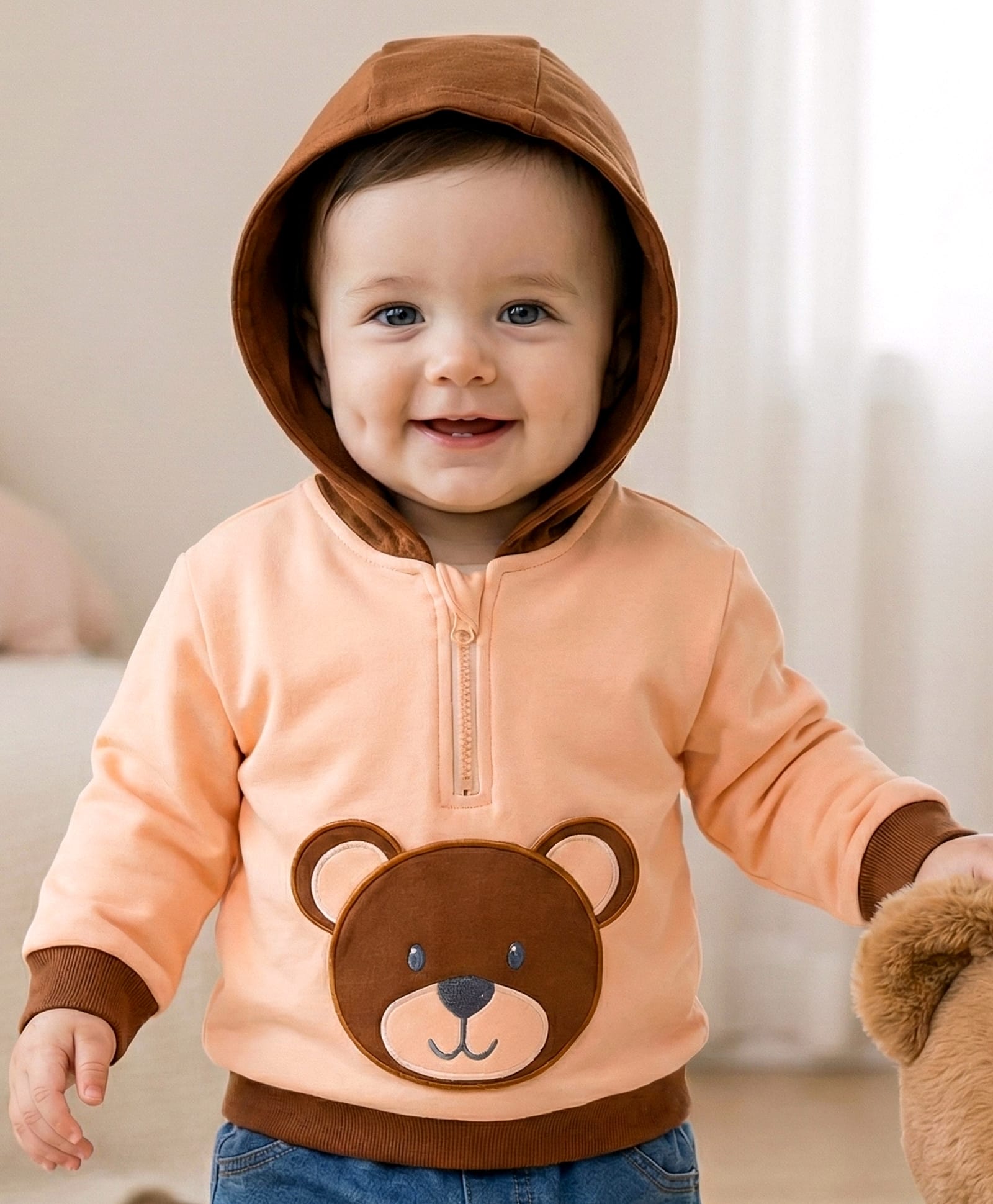 Babyoye 100% Cotton Knit Full Sleeves Hooded Sweatshirt with Bear Patch - Brown-picture-34