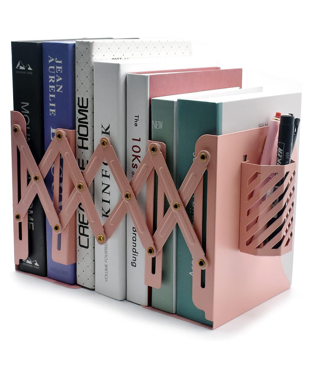 KolorFish Adjustable Book Ends, Metal Bookends for Heavy Books, Desk Book Holder for Shelves, Book Organizer for Desk, Suitable for Office, Home and School Use (Pink)-image-24