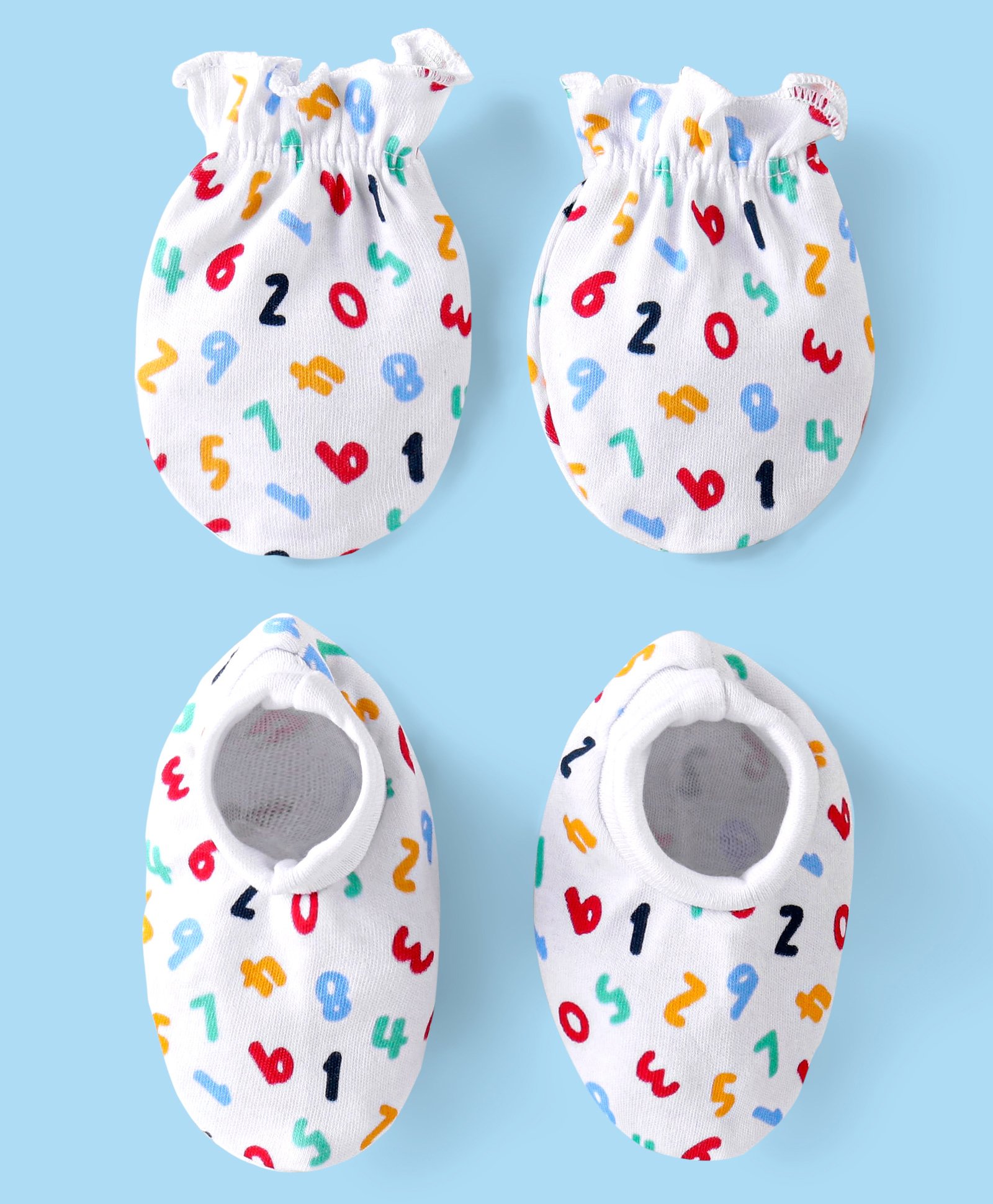 Babyhug 100% Cotton Knit Mitten & Booties With Numeric Print - White-picture-26