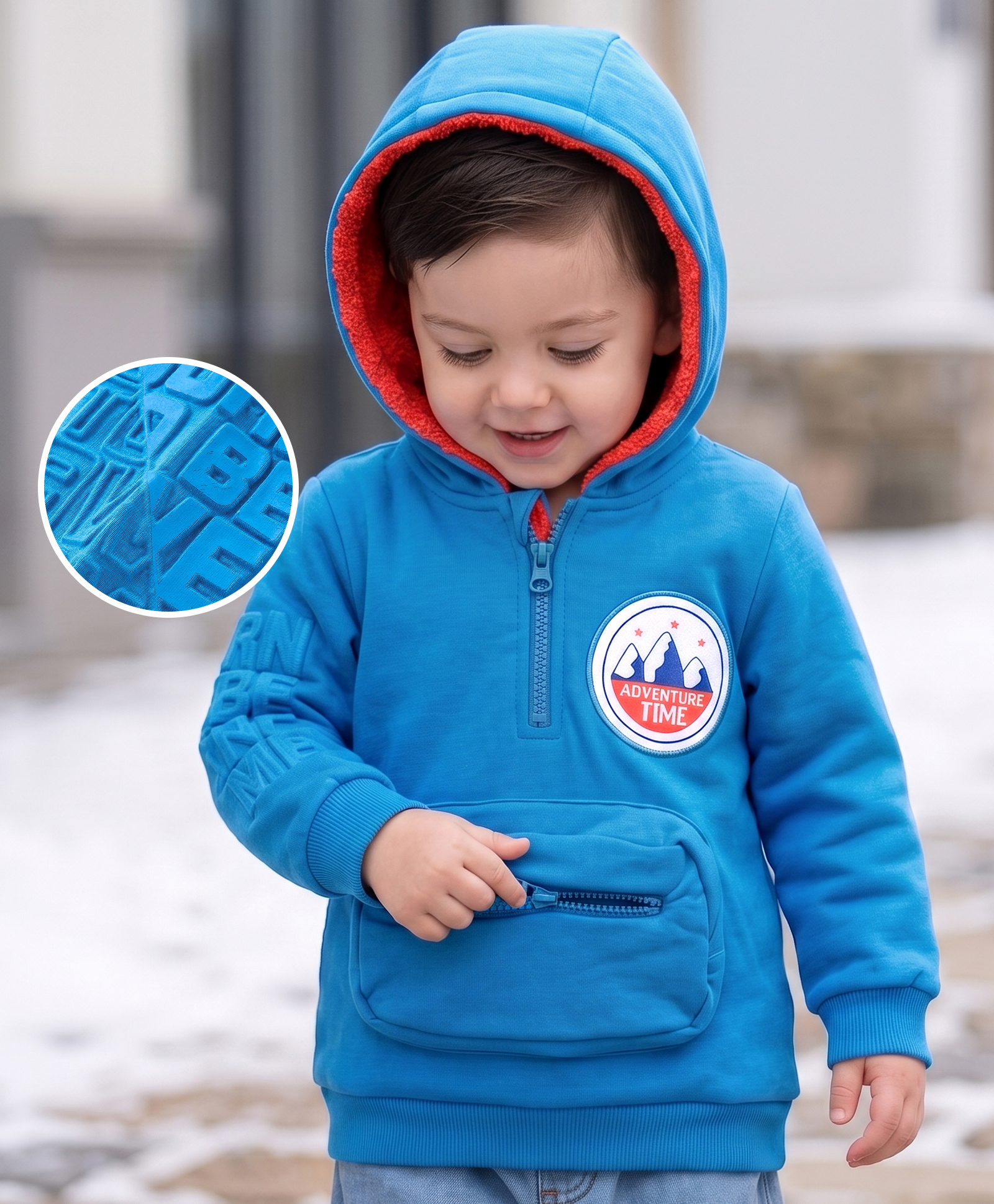 Babyoye 100% Cotton Knit Full Sleeves Hooded Sweatshirt with Attached Pouch & Embossed Text - Blue-picture-27