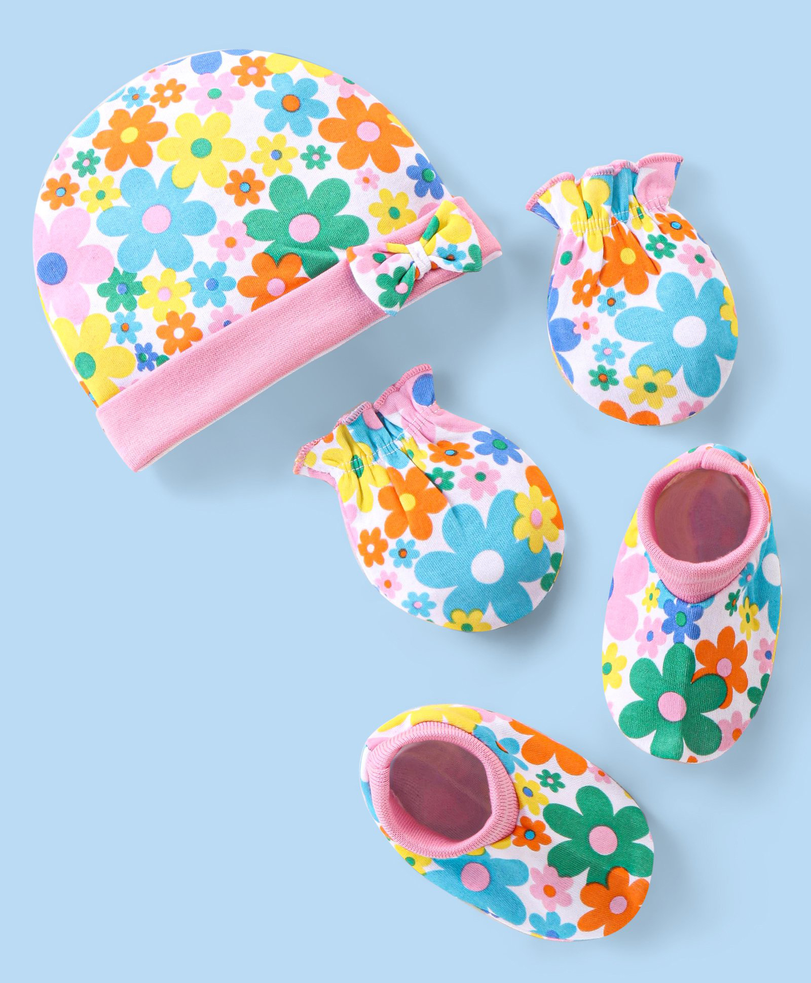 Babyhug 100% Cotton Knit Floral Printed Cap Mittens & Booties  - Pink Yellow & Blue-picture-33