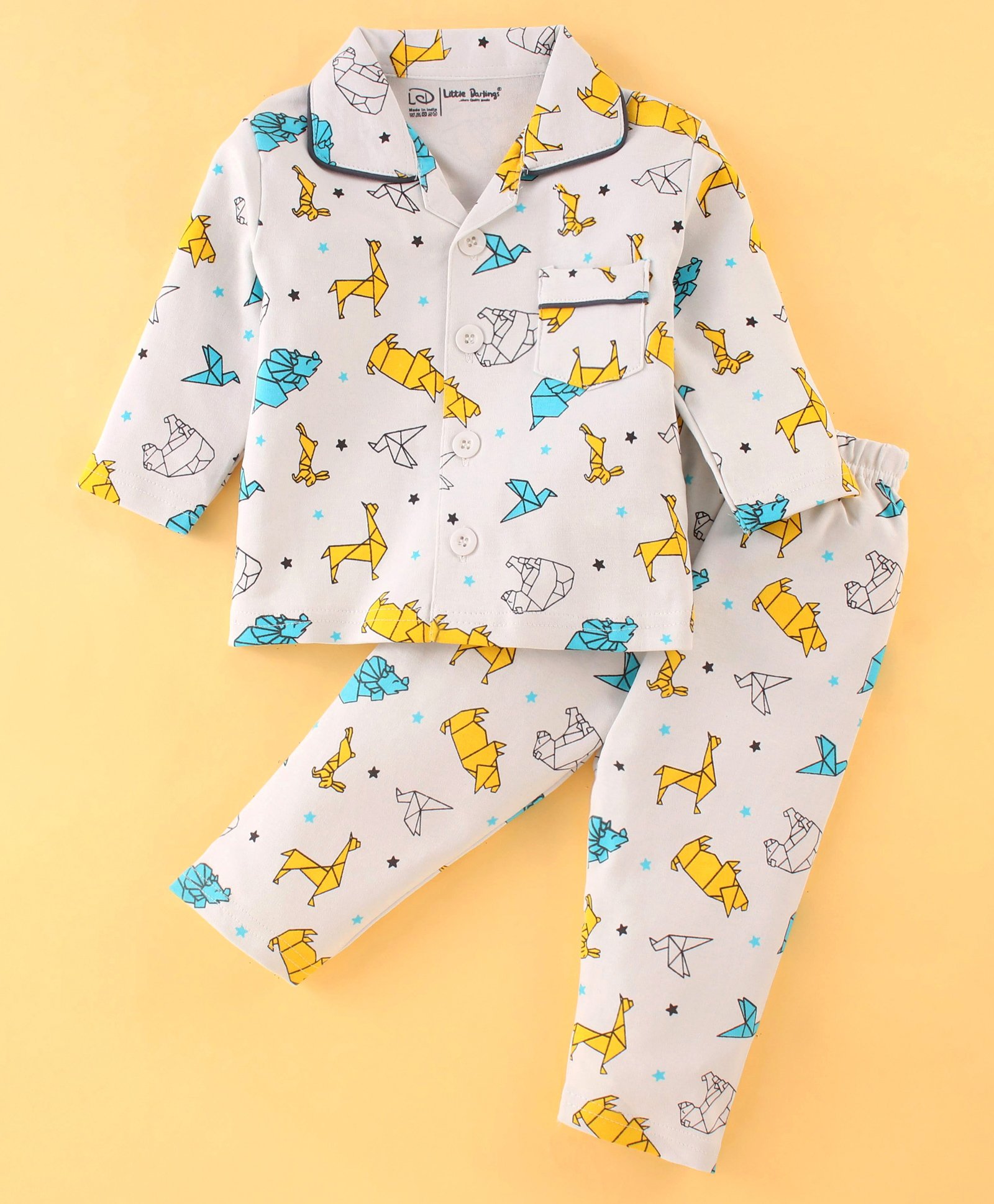 Little Darlings Cotton Knit Full Sleeves Night Suit With Animals Print - Off White