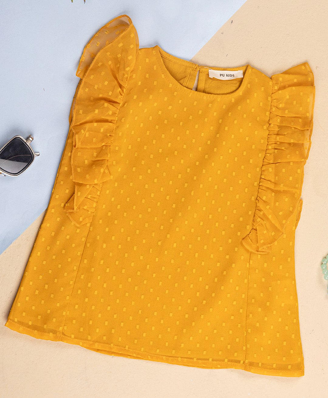 PURPLE UNITED KIDS Frill Sleeves Swiss Dots Designed Top - Mustard-picture-15