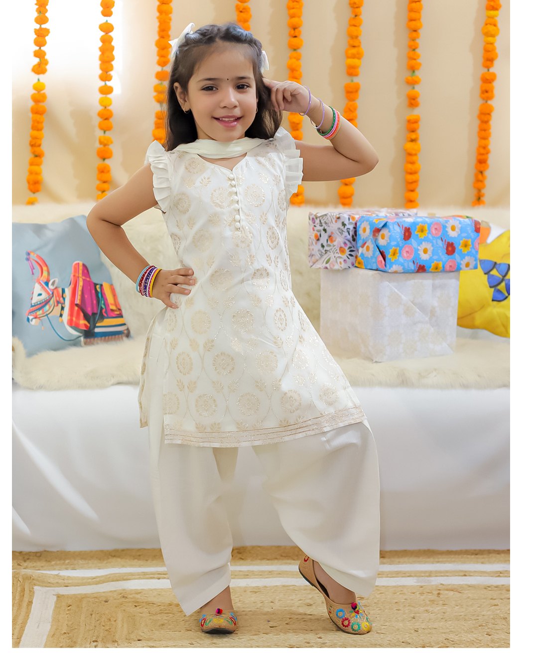 BownBee Frill Sleeves Floral Printed Kurta & Patiala With Dupatta - Off White-image-5