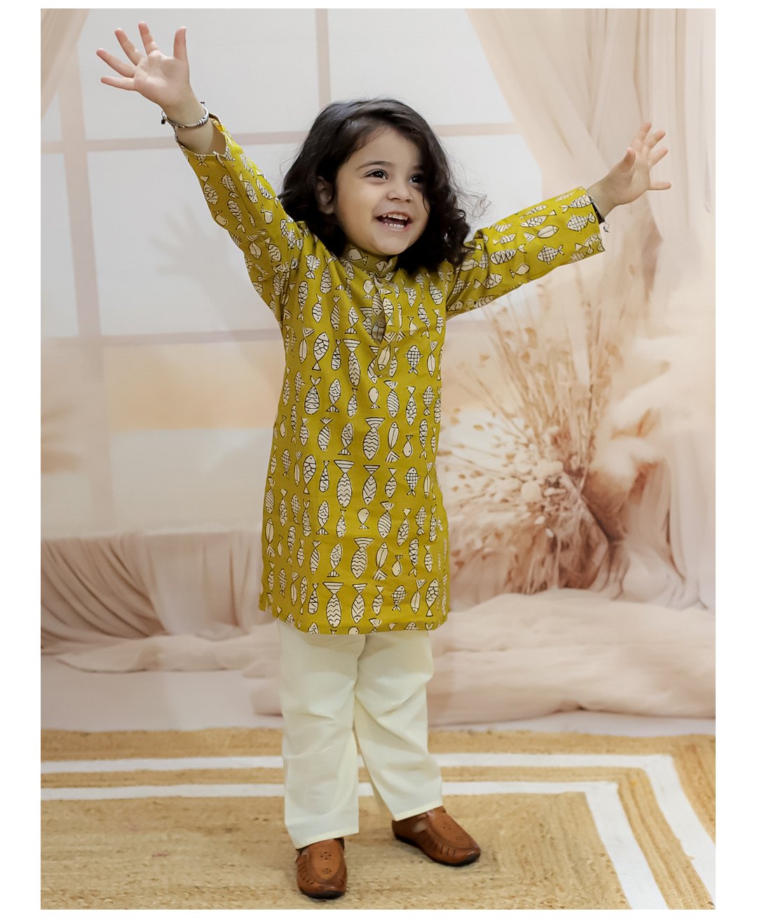 BownBee Pure Cotton Full Sleeves  Fish Printed  Kurta Pyjama - Yellow-picture-39
