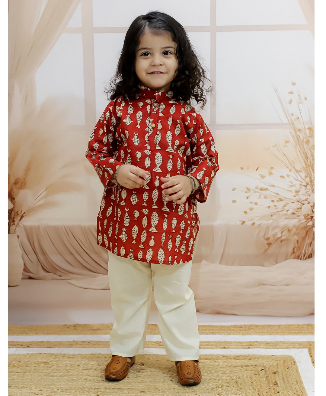 BownBee Pure Cotton Full Sleeves  Fish Printed  Kurta Pyjama - Maroon-picture-17