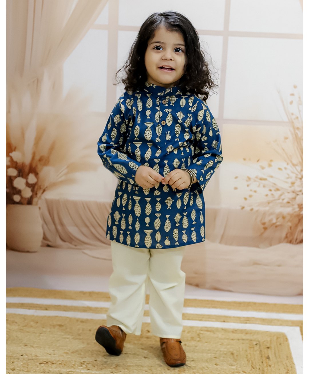 BownBee Pure Cotton Full Sleeves  Fish Printed  Kurta Pyjama -  Indigo-picture-22