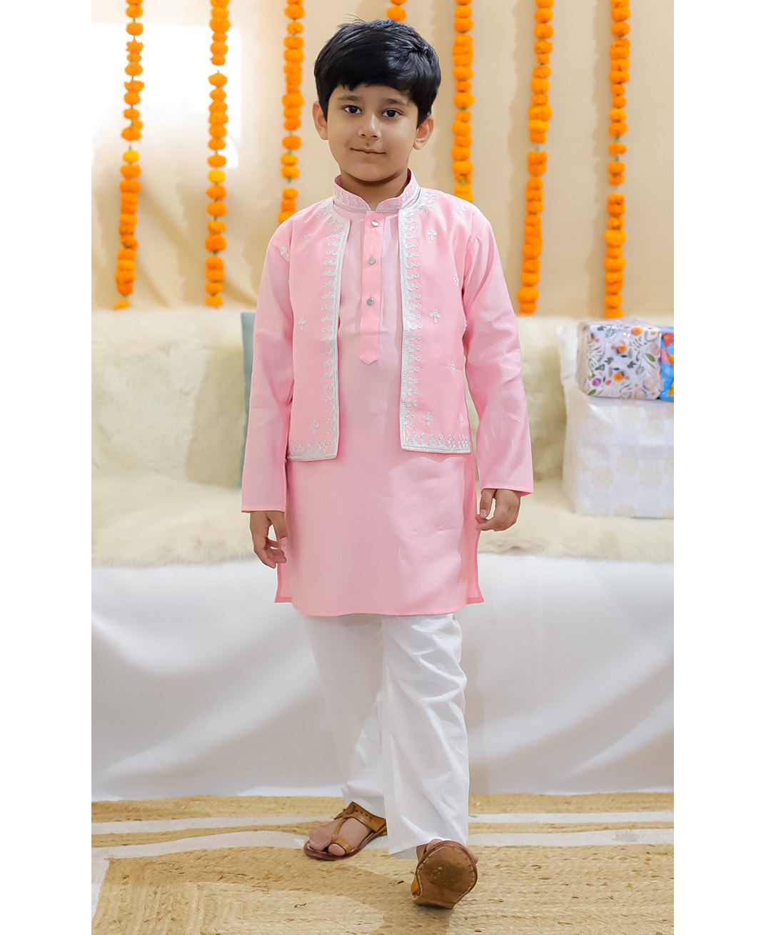 BownBee Pure Chanderi Full Sleeves Kurta Pyjama With Abstract Embroidered Attached Jacket - Baby Pink-picture-17