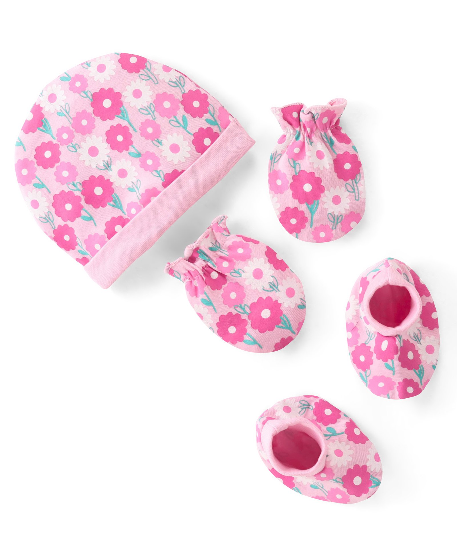 Babyhug 100% Cotton Knit Cap Mittens & Booties Set Floral Print - Pink-image-35