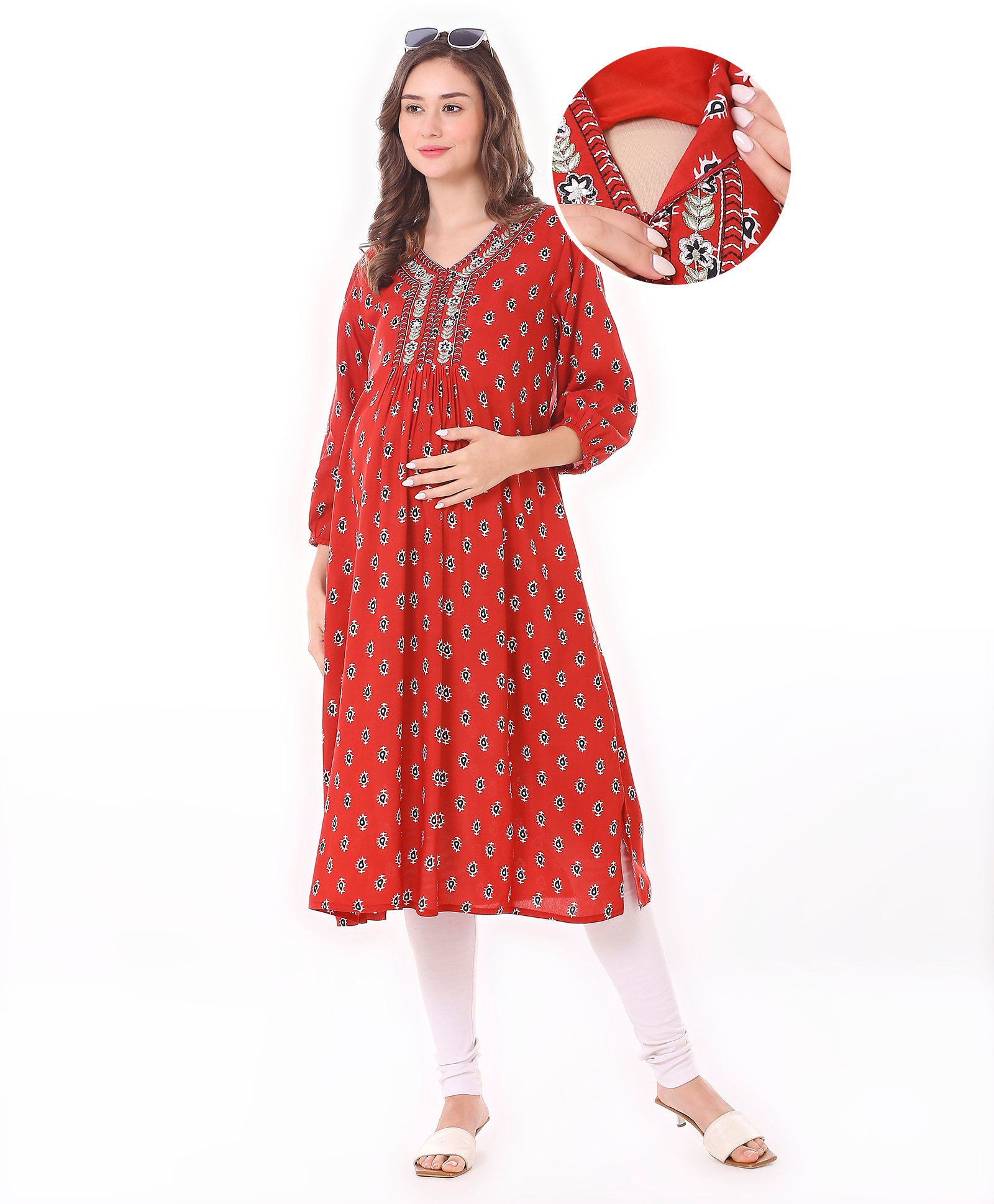 Bella Mama Woven Embroidered Yoke Three Fourth Sleeves Maternity Kurta With Pocket - Rust