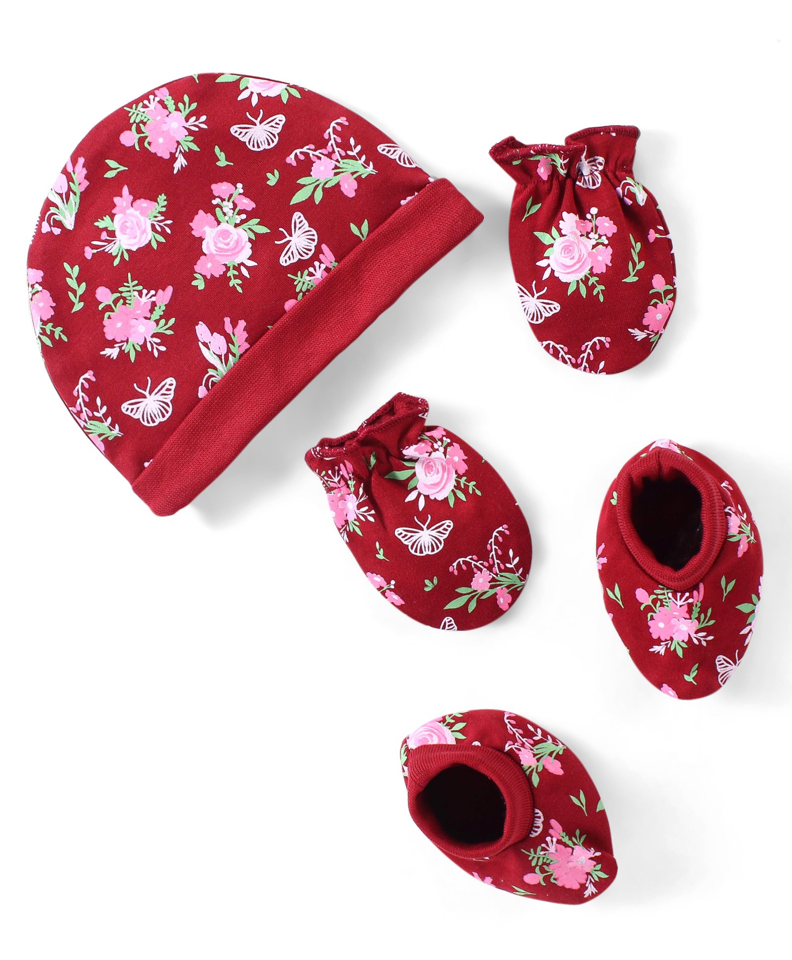 Babyhug 100% Cotton Interlock Cap Mittens & Booties Set with Floral Print - Maroon-image-2