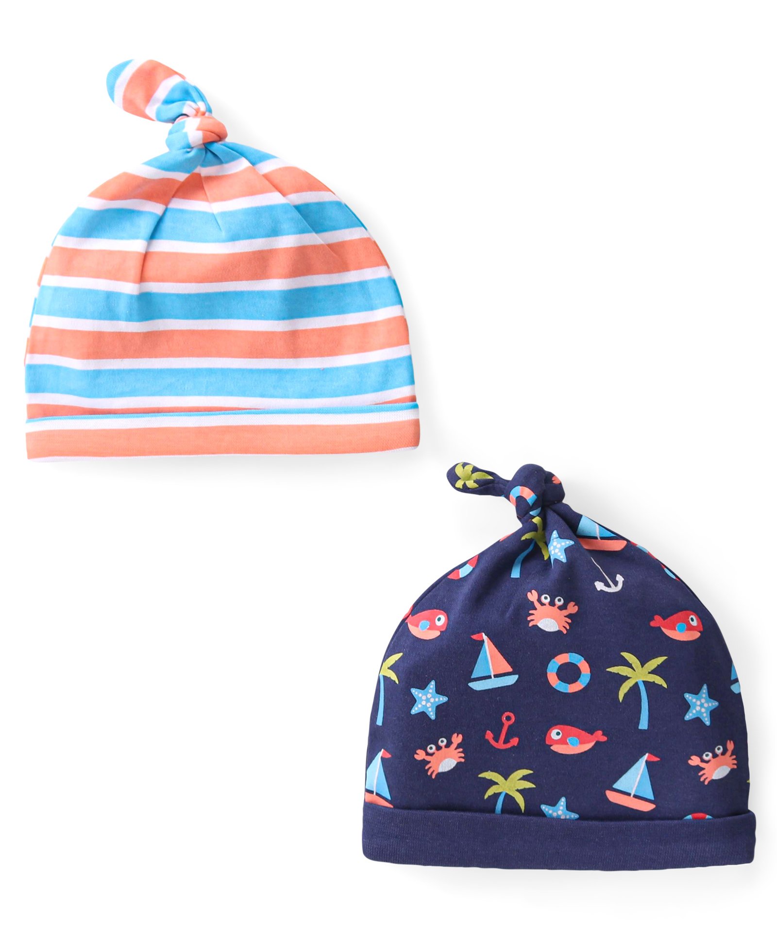 Babyhug 100% Cotton Striped & Beach Theme Print Caps Pack Of 2- Blue & Orange-image-5