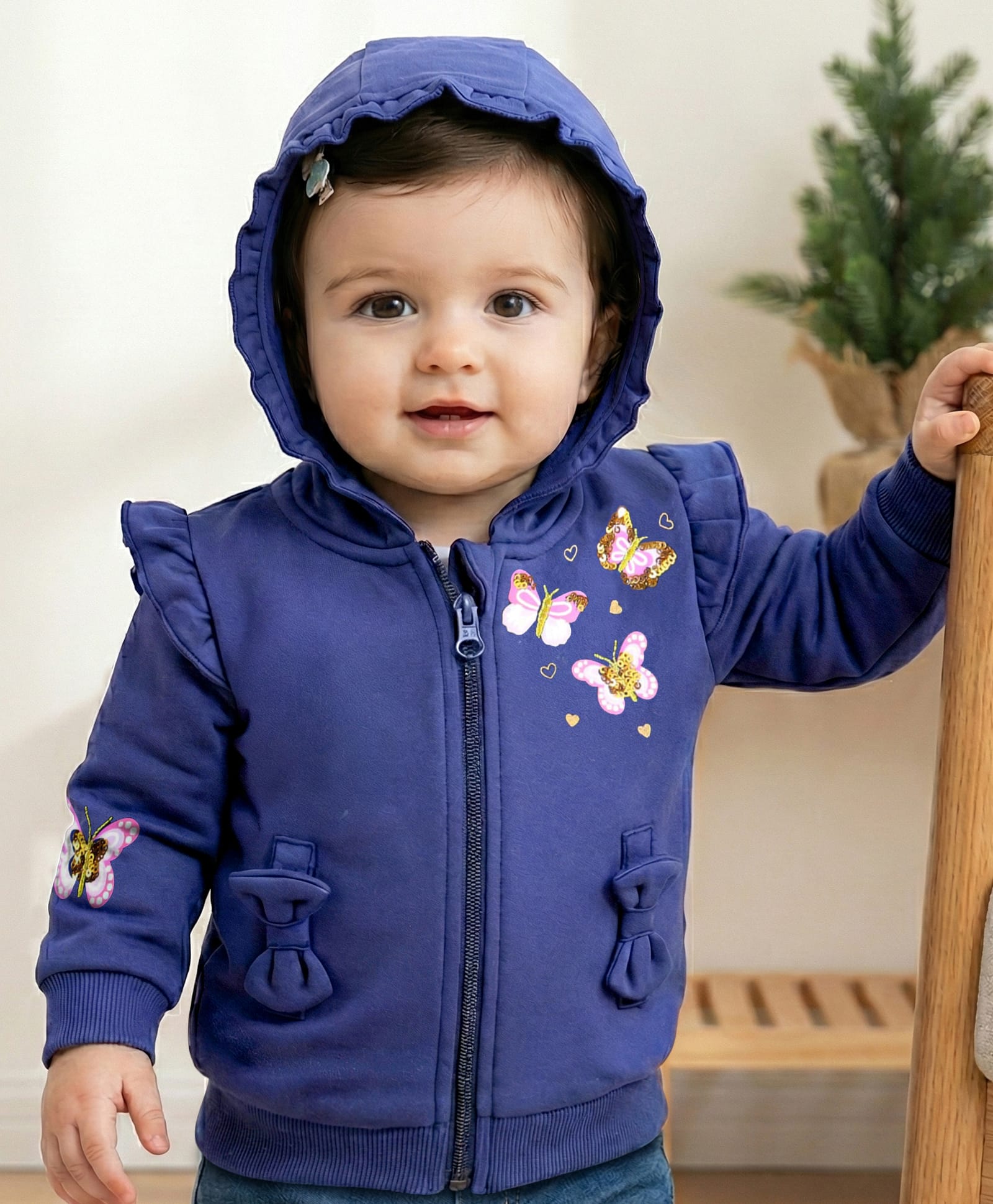 Babyoye Eco Conscious Female 100% Cotton Brushed Fleece Full Sleeves Sequins Embroidered Hooded Front Open Sweatjacket - Navy Blue-picture-18