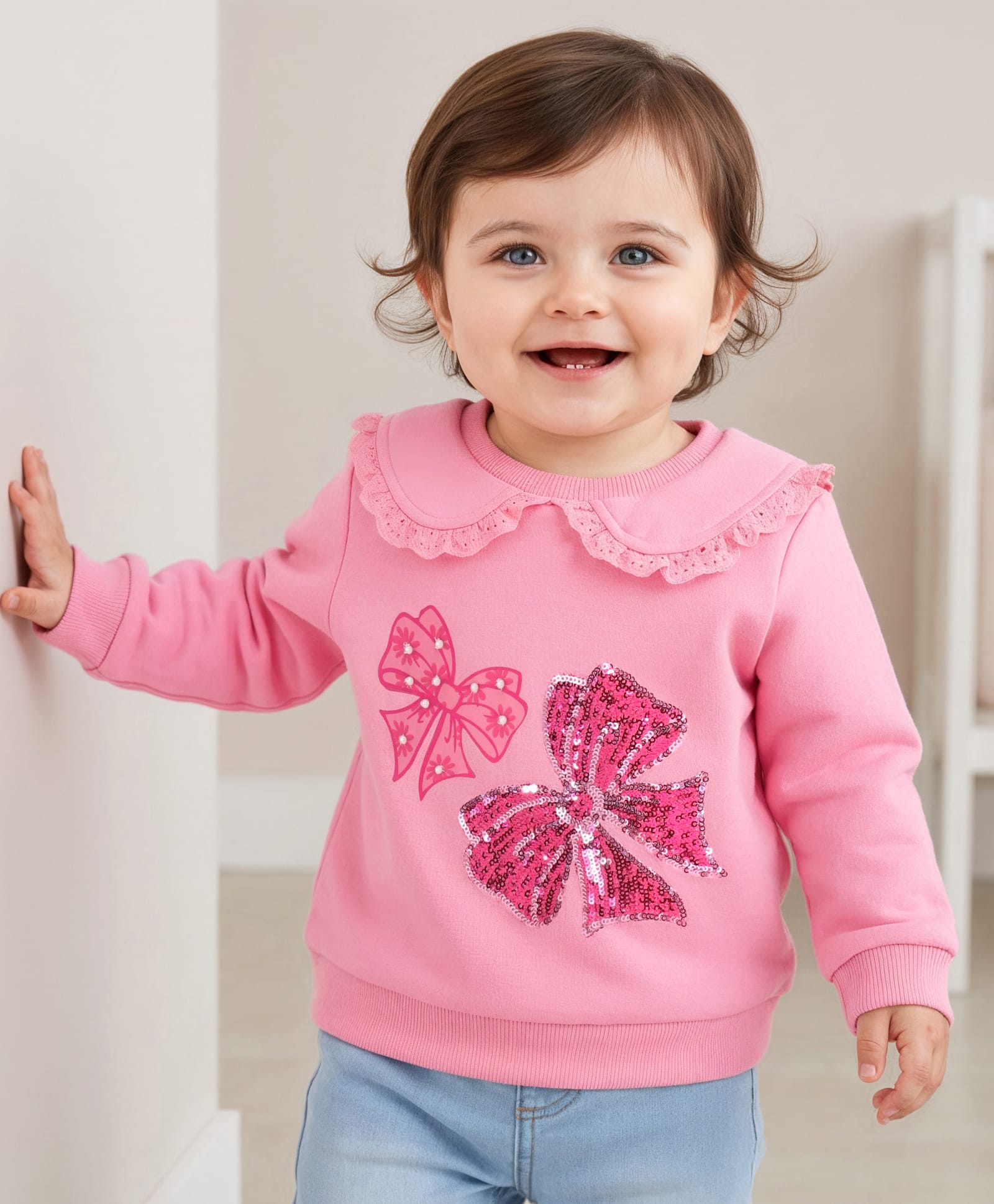 Babyoye Eco Conscious 100% Cotton Knit Full Sleeves Sweatshirt with Peter Pan Collar & Sequin  Bow Embroidery - Pink-picture-22