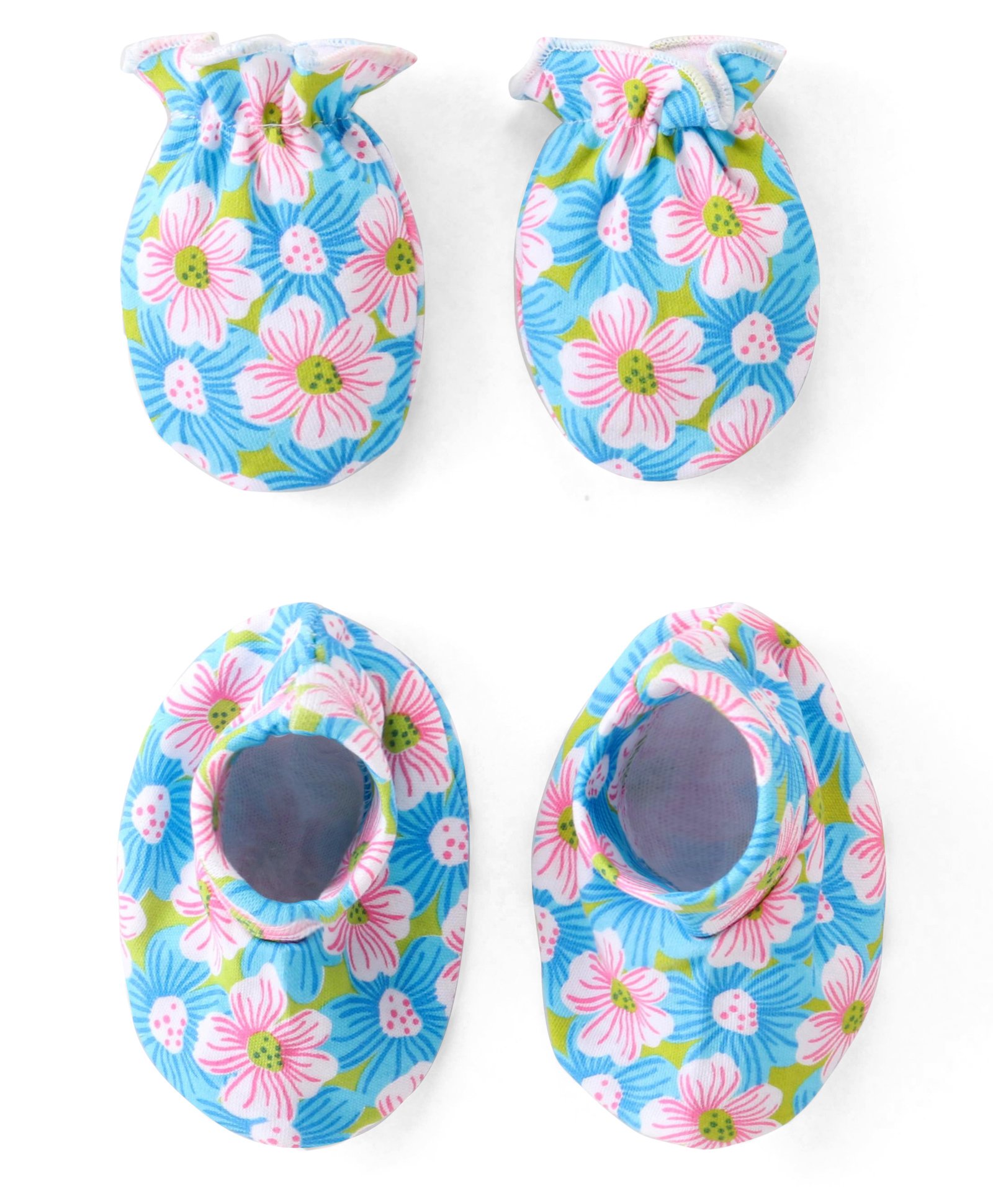 Babyhug 100% Cotton Knit Floral Print Mittens and Booties - Blue-image-29