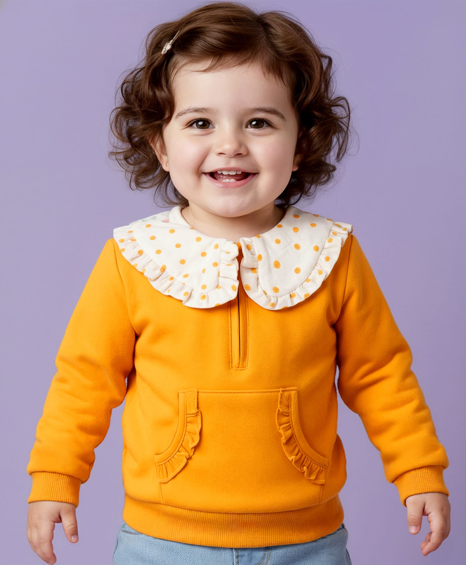 Babyoye 100% Cotton Full Sleeves Peter Pan Collar Sweatshirts with Polka Dot Print & Kangaroo Pockets - Yellow-picture-25