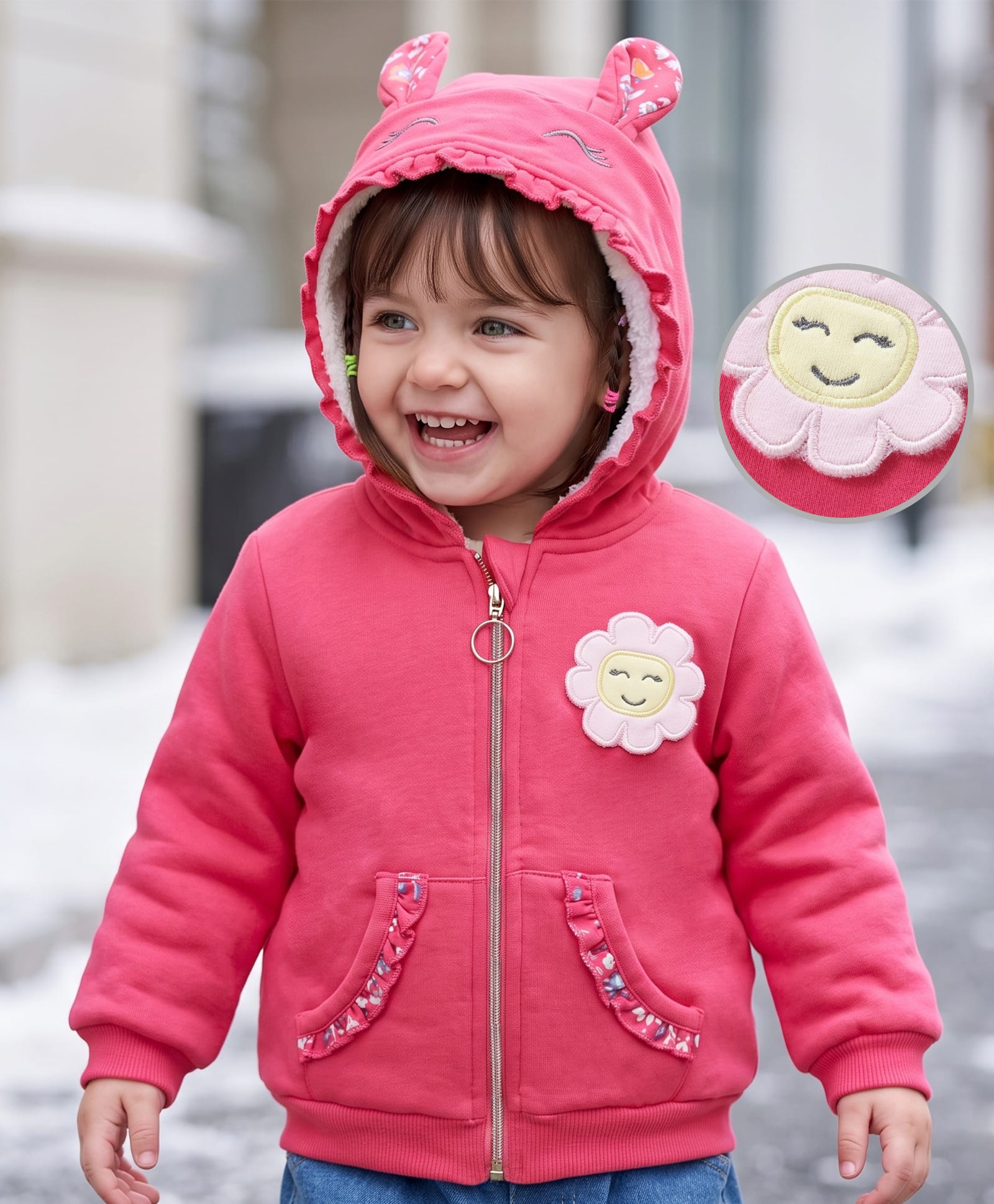 Babyoye 100% Cotton Knit  Brushed Fleece & Sherpa Lining Full Sleeves Hooded Sweatjacket with Kangaroo Pockets Floral Patch & Embroidery - Dark Pink-picture-15