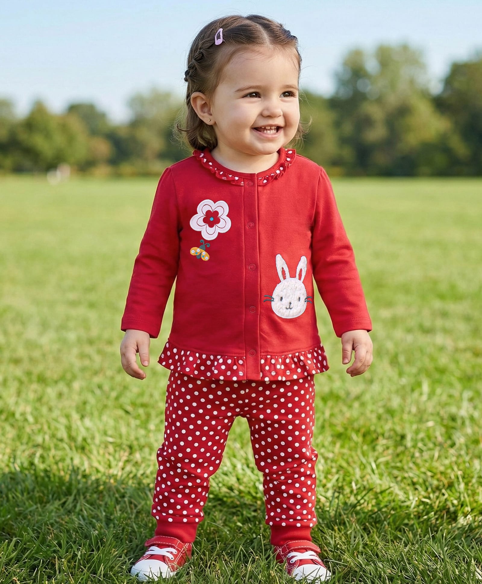 Babyoye Eco Conscious 100% Cotton Knit Full Sleeves Winter Wear Suit with Floral Embroidery & Polka Dots Print - Red-picture-21