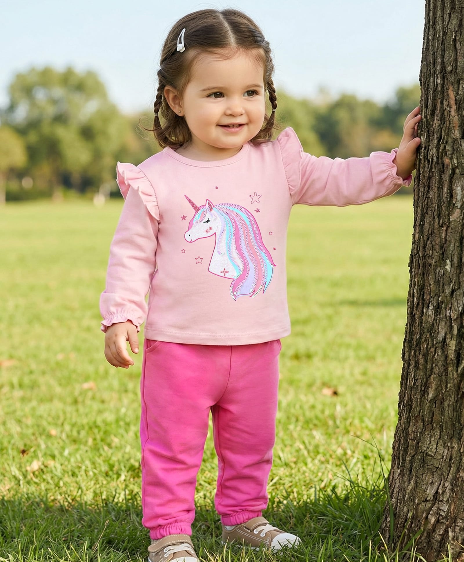 Babyoye 100% Cotton Knit Full Sleeves Winter Wear Suit With Frill Details & Unicorn Print - Light Pink