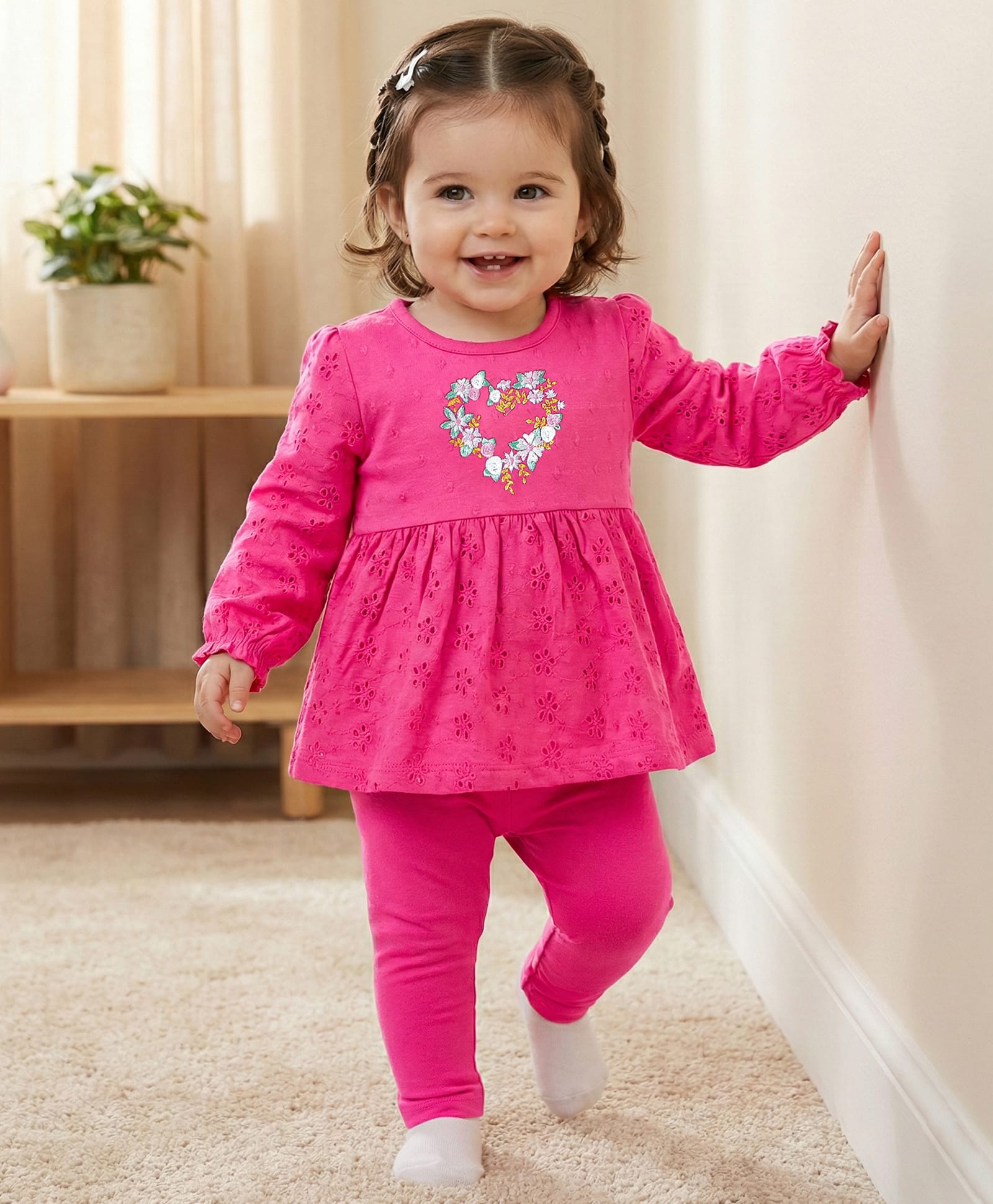 Babyoye Cotton Blend Knit Full Sleeves Schiffli Designed Winter Wear Top & Leggings Set with Floral Embroidery - Dark Pink-image-4
