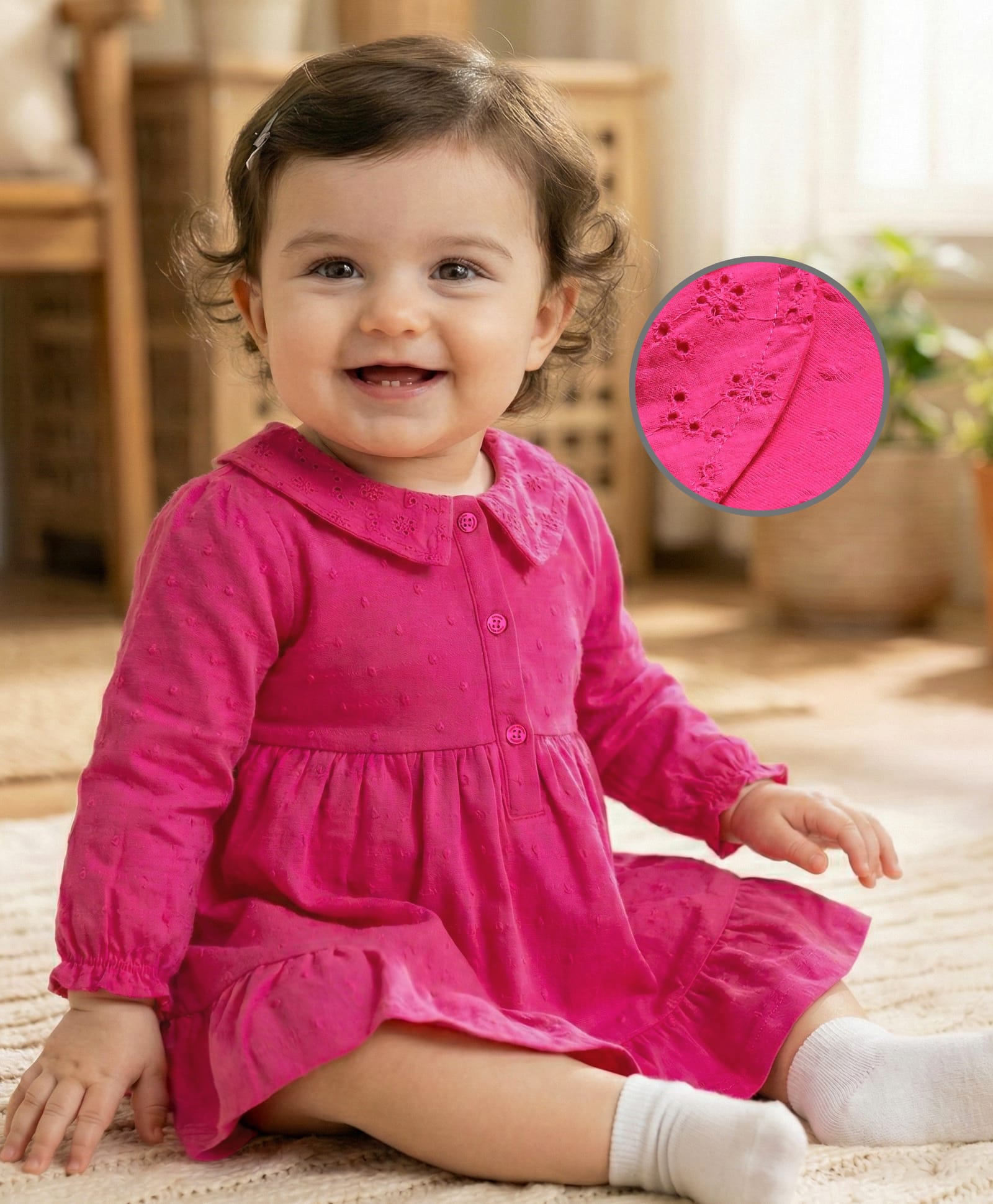 Babyoye Cotton Knit Full Sleeves Schiffli Collared Frock With Bloomer - Dark Pink