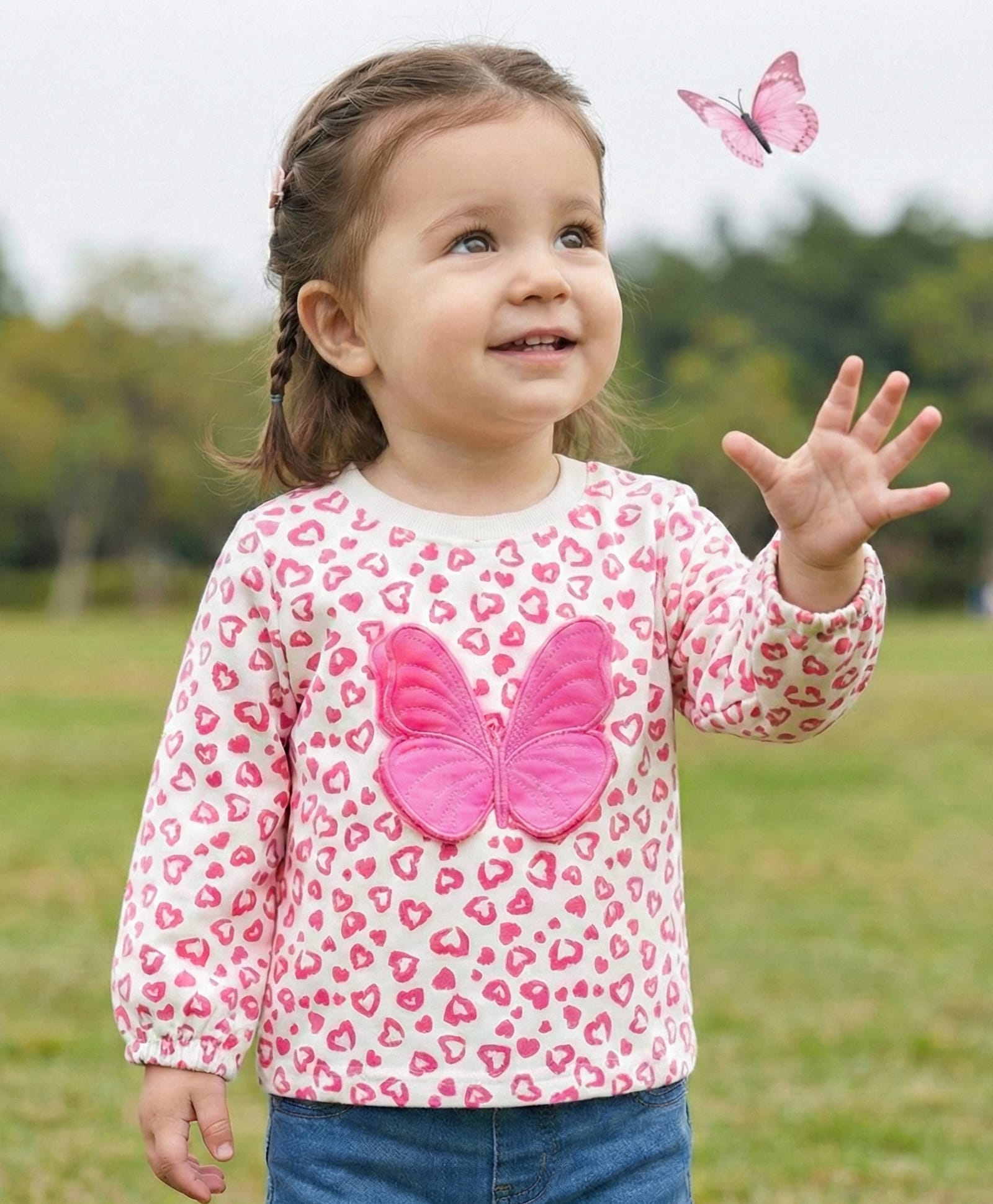 Babyoye Eco Conscious 100% Cotton Full Sleeves Top with Heart Print & Butterfly Applique - White & Pink-picture-11