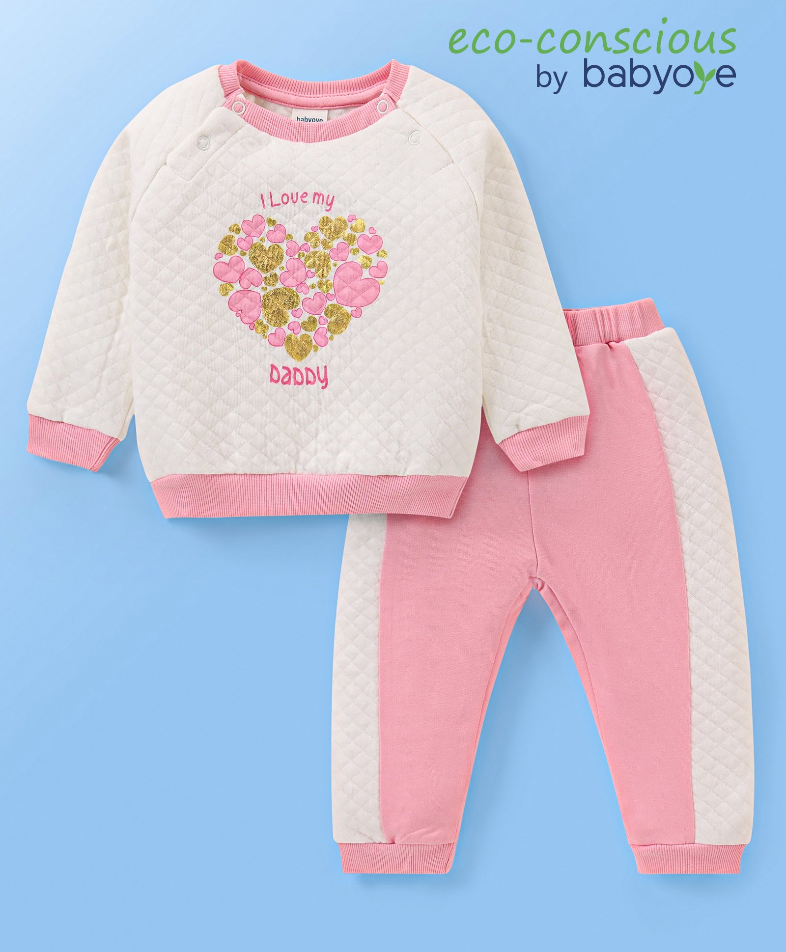 Babyoye Cotton Jersey Knit Full Sleeves Heart Print Winter Wear Suit - White & Pink-image-5