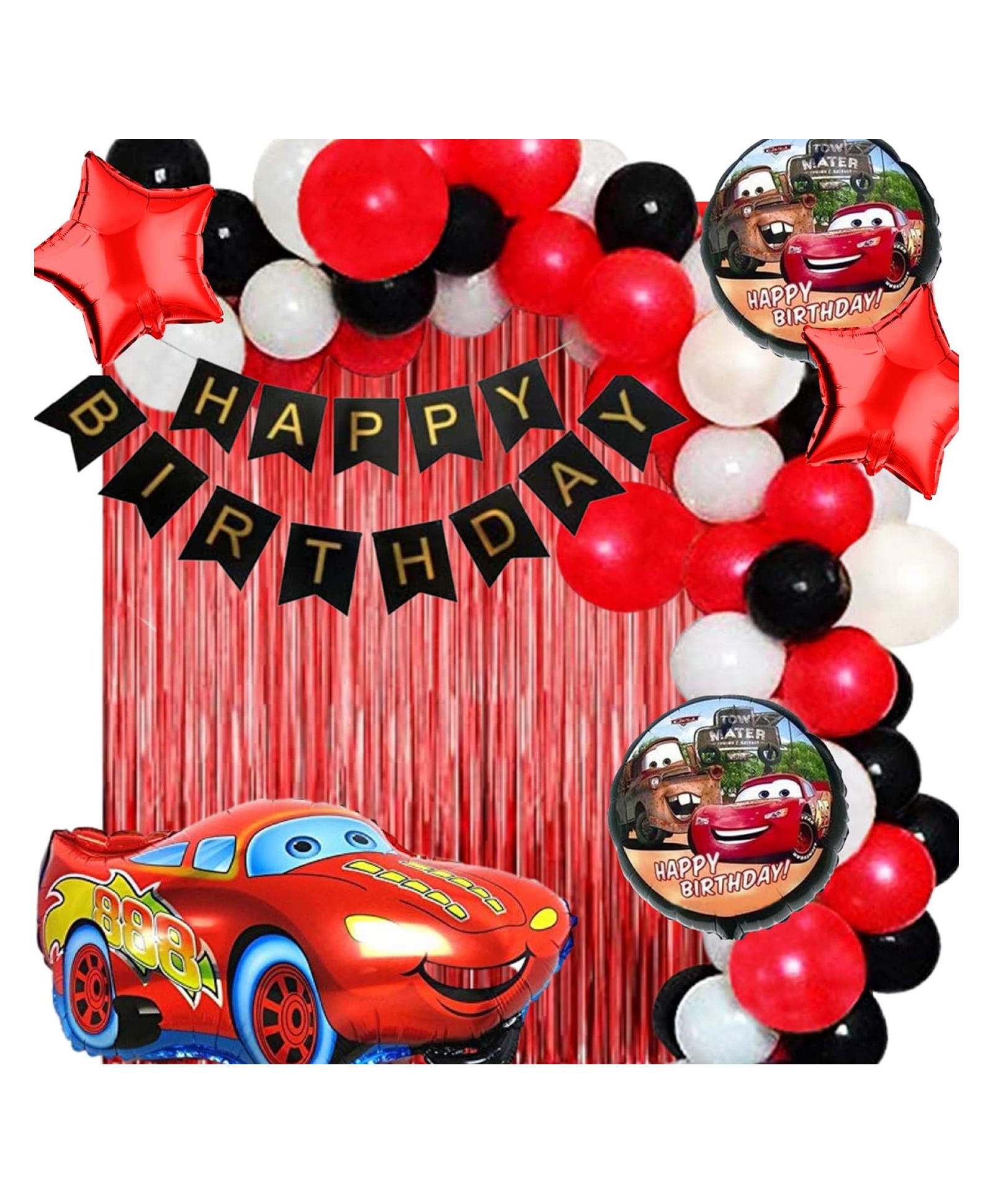 Bubble Trouble Car Theme Birthday Decorations - 68pc Combo - 60 Multicolor Balloons, 1 Car Theme Foil Balloons set of 5, 1 Banner & 2pc Red curtain ( Car Birthday Theme Decoration )-image-43