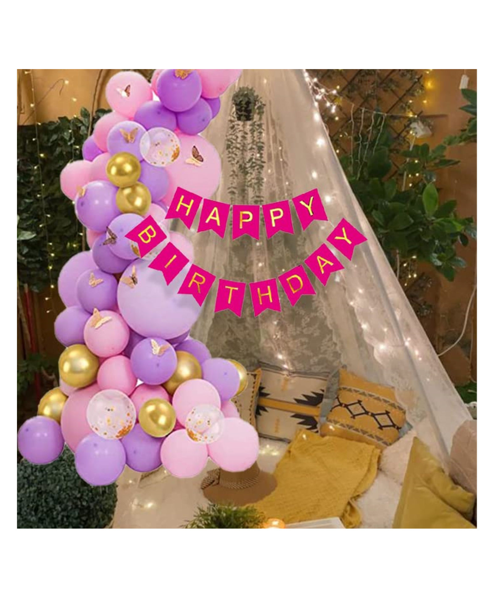 Bubble Trouble 61 Pc Cabana Tent Birthday Decoration SetPink Purple Balloons White Net for Cabana Theme Party with LED Lights with Pink Banner Romantic Dinner Decorations for Girls-image-27