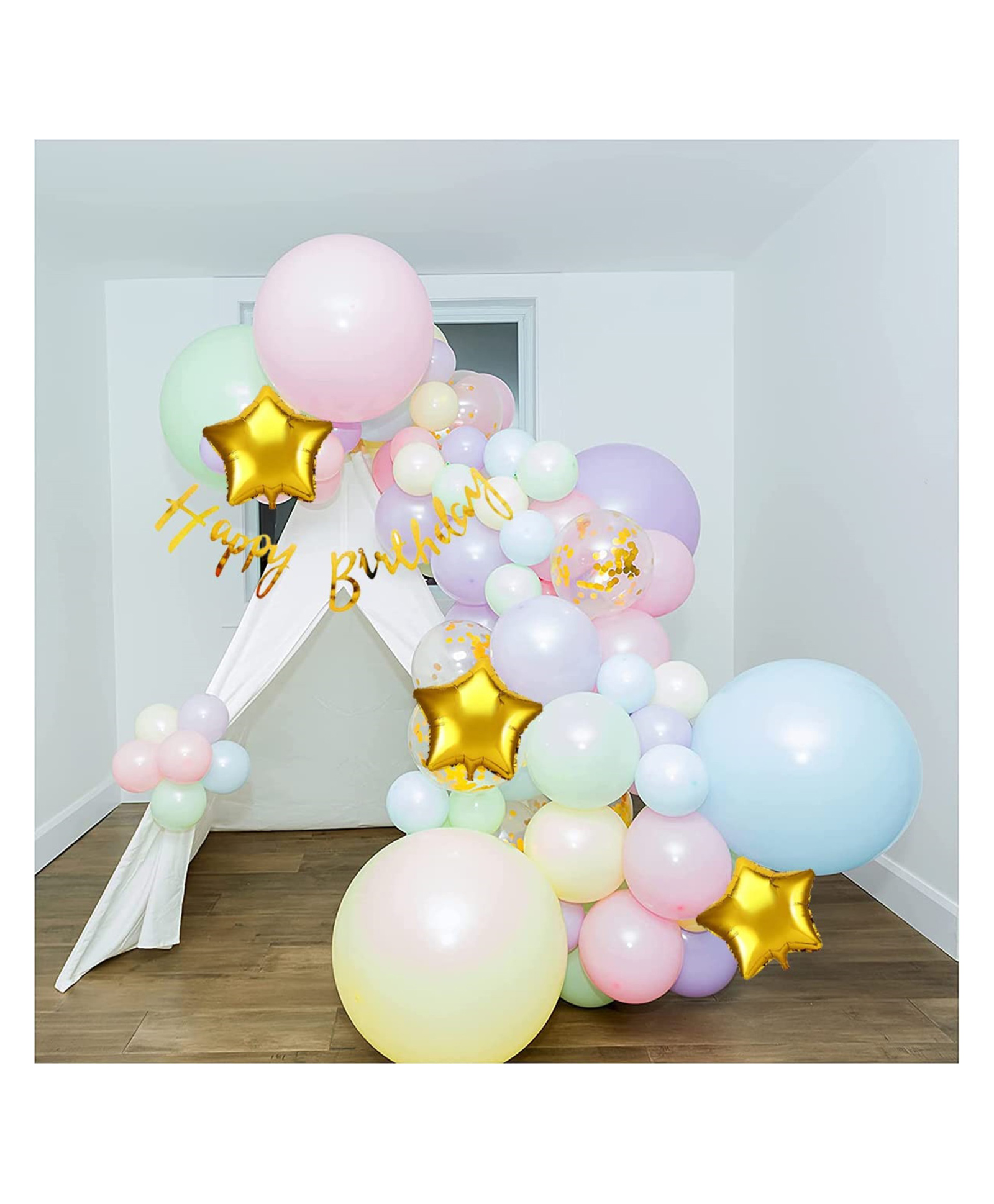 Bubble Trouble 53 Pc Cabana Tent Birthday Decoration SetPastel Balloons White Net for Cabana Theme Party with LED Lights with Gold Cursive Banner Background Decoration Items, Birthday Decoration Items,Cabana Tent Decoration-image-8