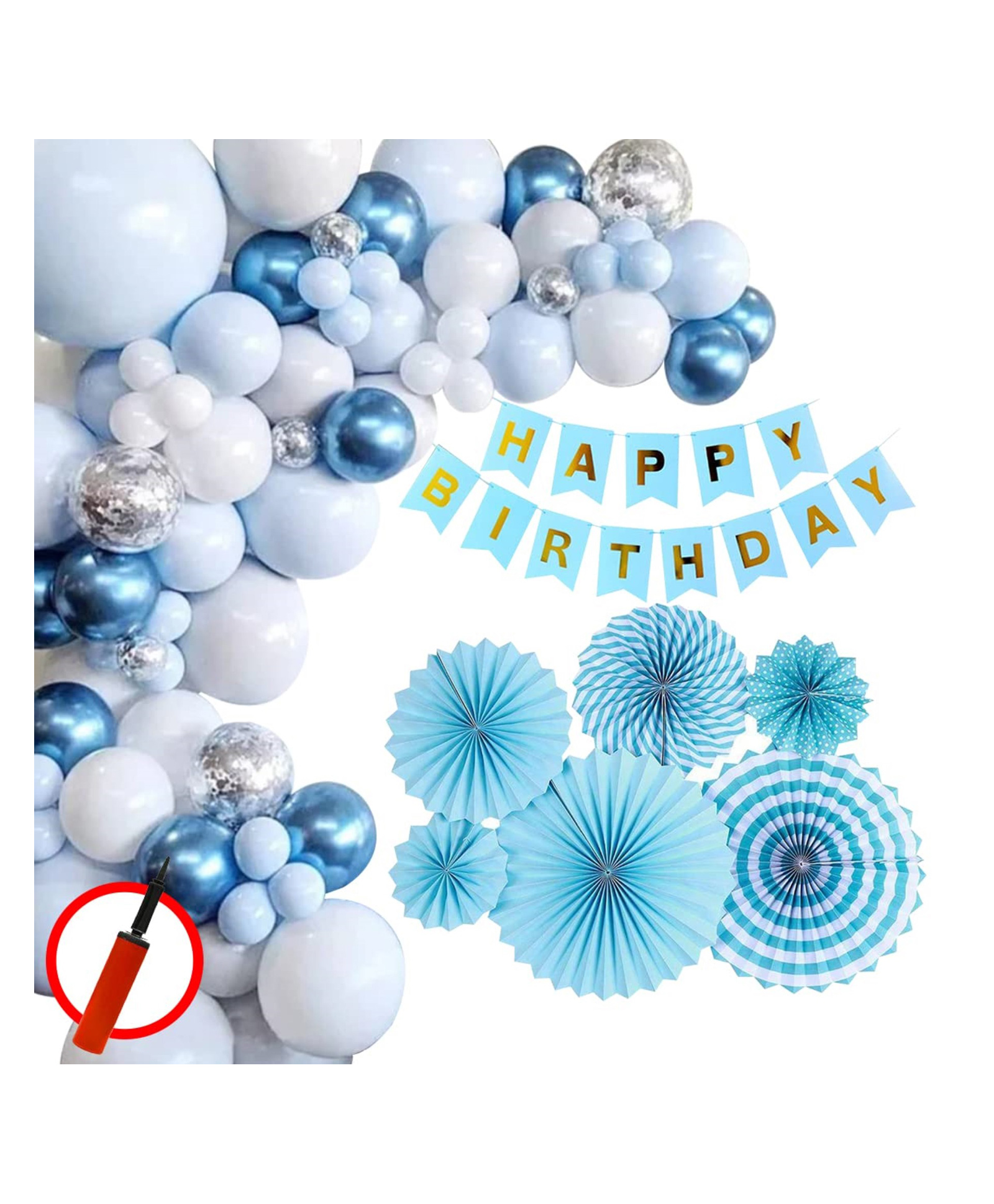 Bubble Trouble Happy Birthday Decorations for Boys- Blue Paper Fan, Hand Balloon Pump, Metallic Balloons with Blue Paper Banner -Decoration Items for Birthday | Birthday Decoration kit Combo-78Pcs-picture-13
