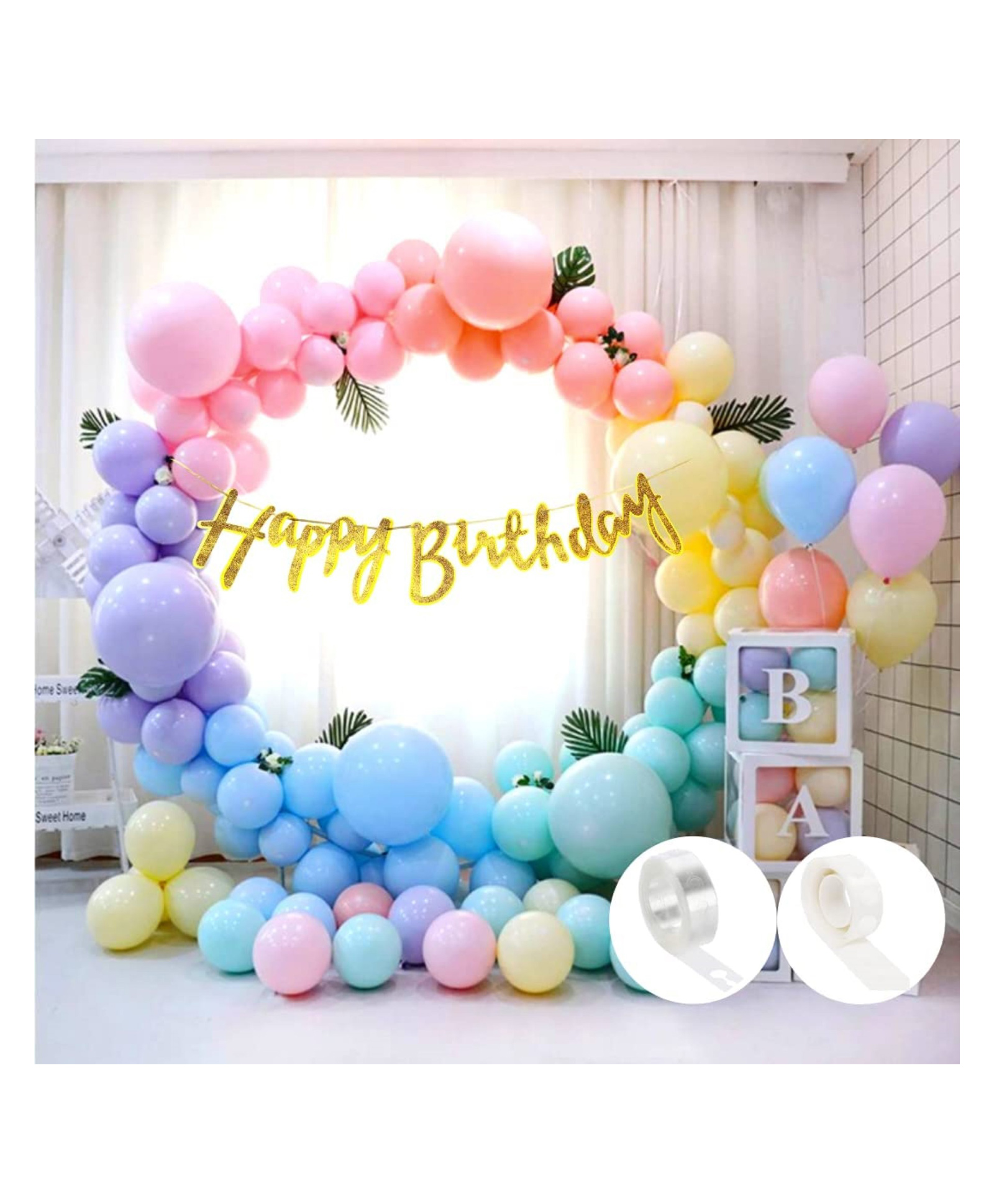 Bubble Trouble 53 Pcs Pastel Happy Birthday Decoration for Girls Kids Boys with Sparkle Golden Happy Birthday Banner, Pastel Balloons, Glue dots, Arch Tape for Balloons birthday decoration items for room-image-36