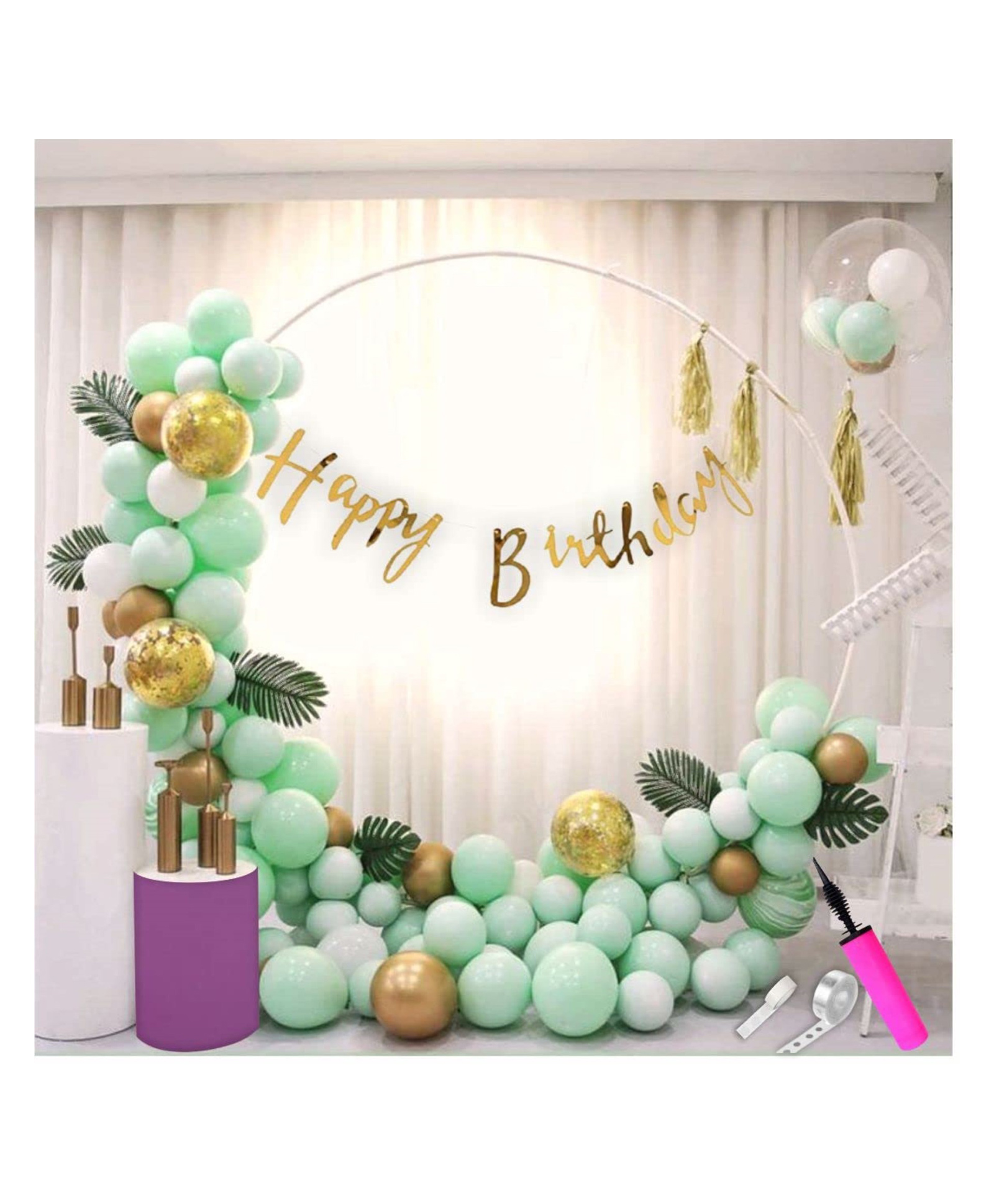 Bubble Trouble balloons Mint Green Golden Foil Balloons Birthday Decoration Kit Combo with Birthday Banner, Balloon Arch Strip, Glue Dot, Balloon Pump for Birthday Decorations - 62 Pieces-picture-11