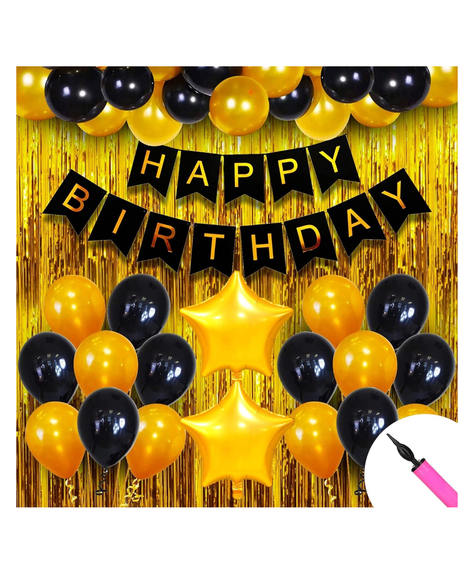 Bubble Trouble Pack Of 56 Happy Birthday Banner Decoration Kit With Pump For Boys Husband Wife Girl Balloons Decorations Items Combo With Banner|Hd Metallic Balloons|Foil Curtain & Star (Golden-Black)-picture-16