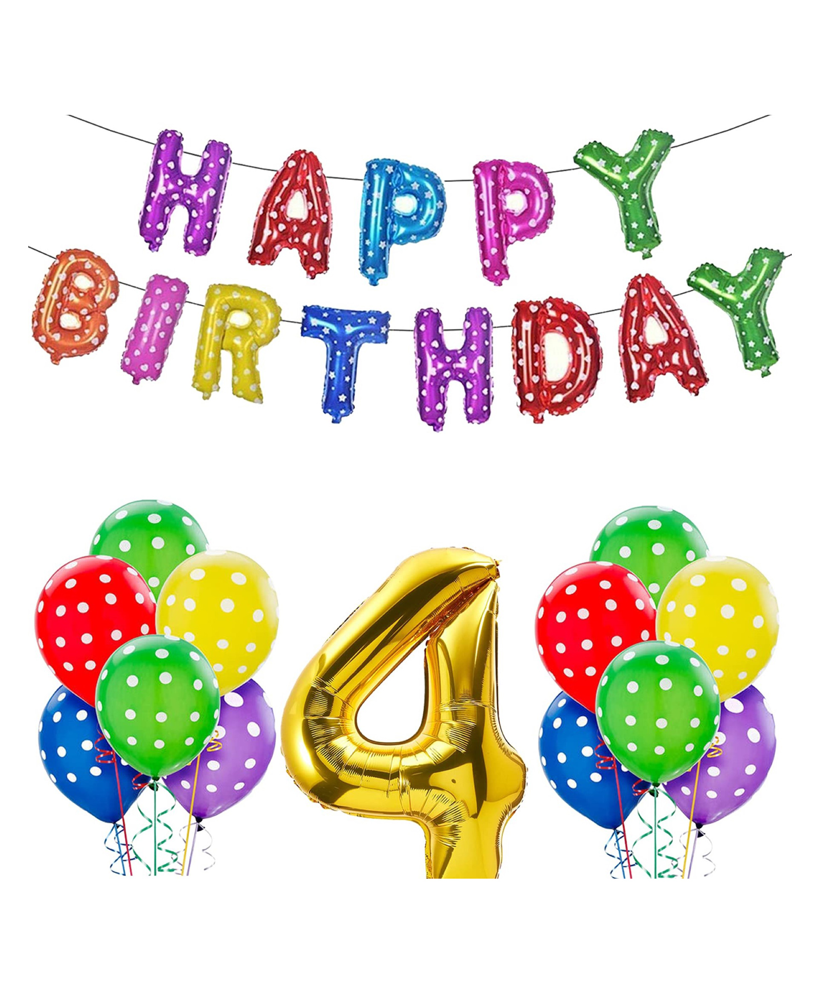 Bubble Trouble Happy Birthday Decoration Kit Combo - 23Pcs Multicolor 4th Birthday Decoration Combo For Kids With Polka Dotted Balloons, Birthday Foil Balloons, No.4 Golden Foil Balloons-image-33