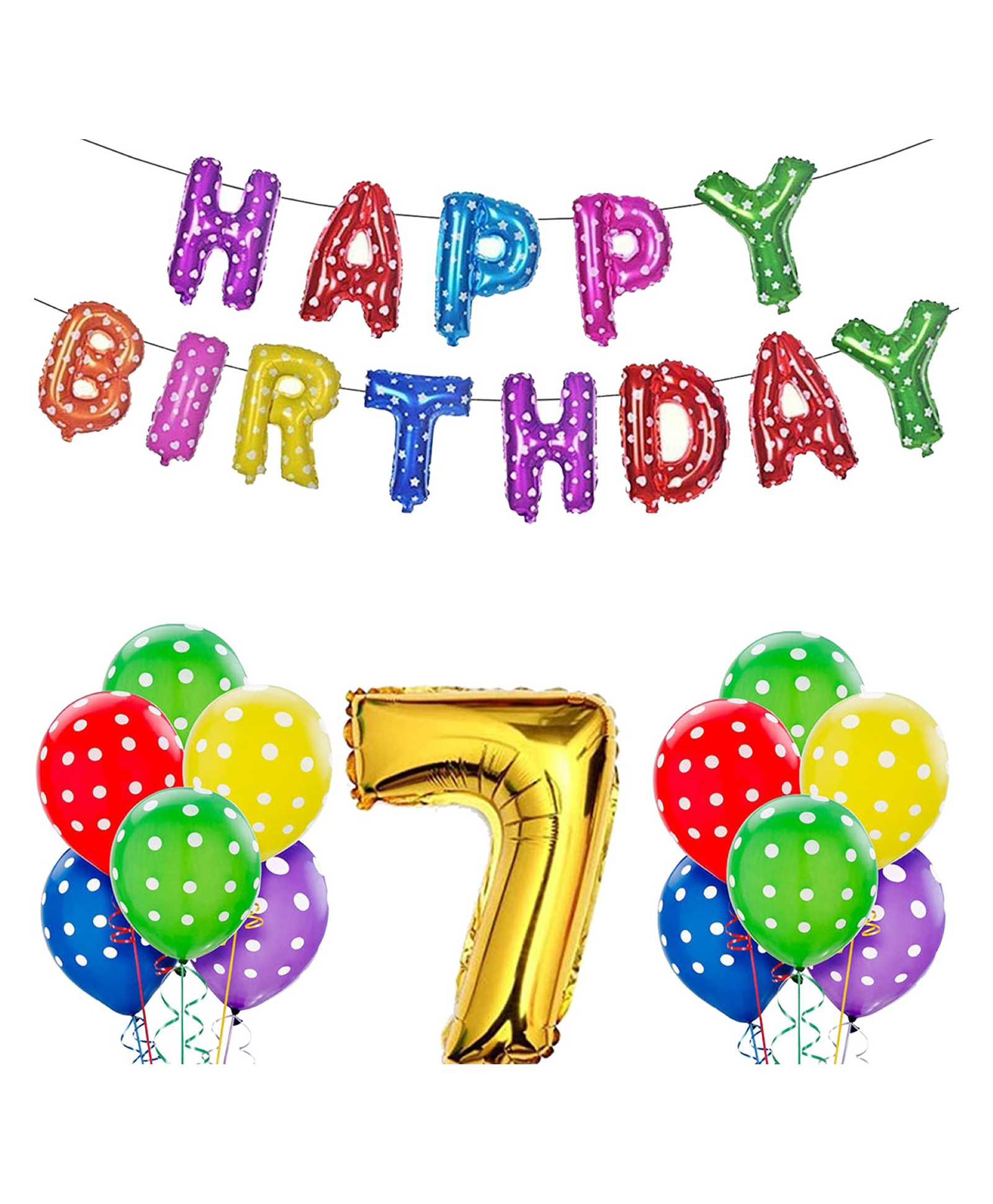 Bubble Trouble Happy Birthday Decoration Kit Combo - 23Pcs Multicolor 7th Birthday Decoration Combo For Kids With Polka Dotted Balloons, Birthday Foil Balloons, No.7 Golden Foil Balloons-image-30