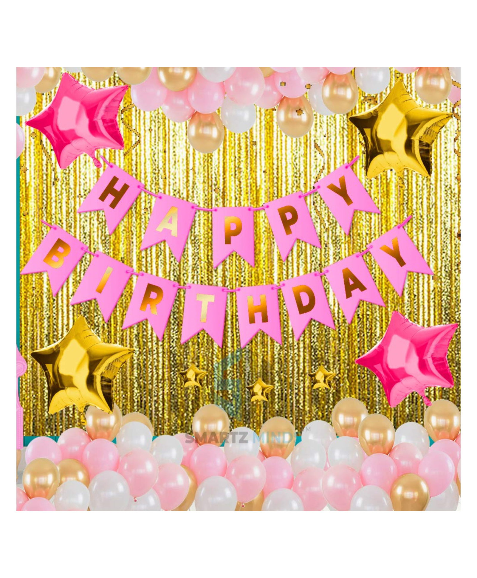 Bubble Trouble Happy Birthday Pink Decorations Kit Combo 80 Pcs , Star foil balloon, Pink Happy Birthday Banner, for Baby First Bday, Surprise birthday Decoration for wife,Girlfriend-image-3