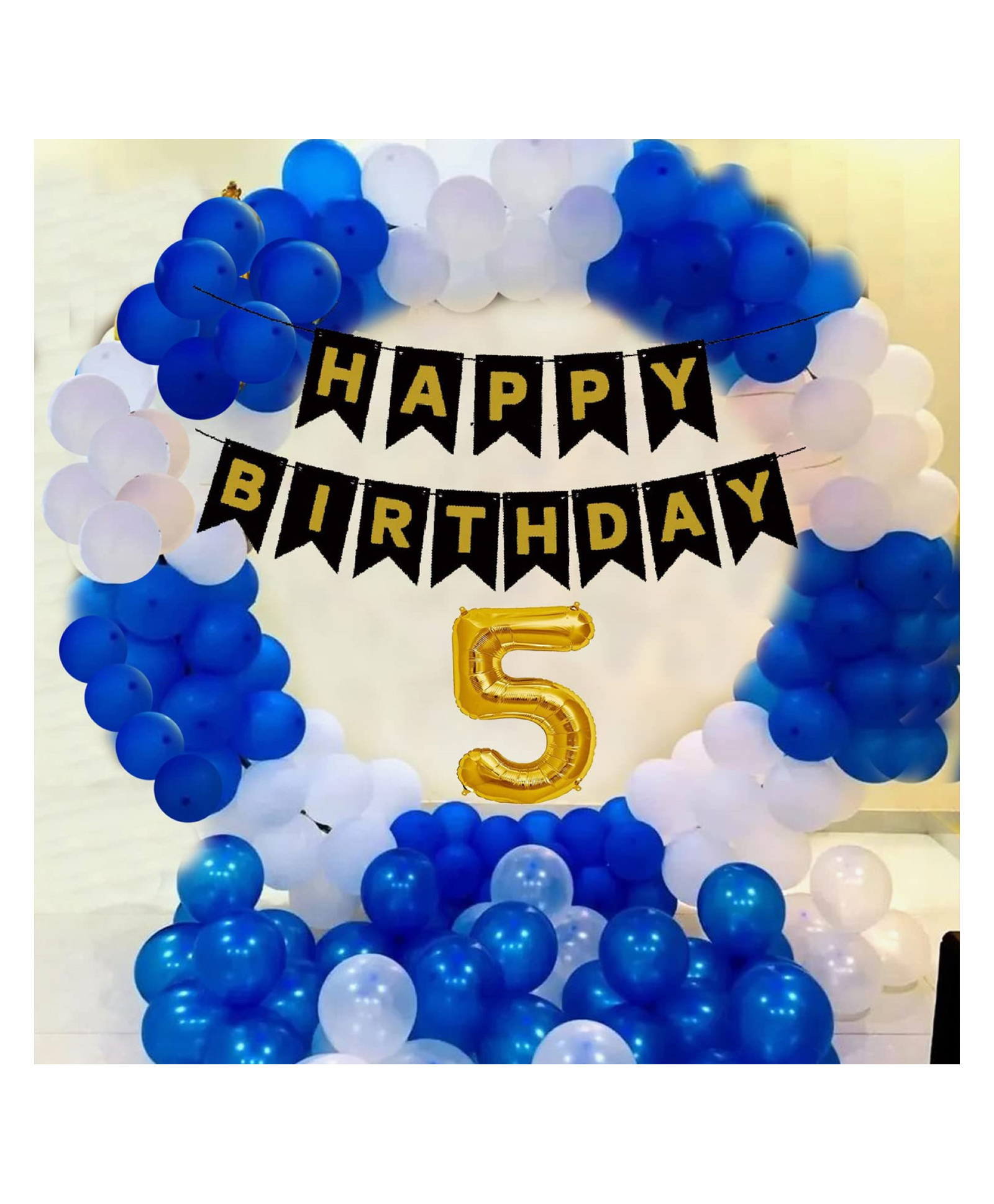 Bubble Trouble Happy Party Studio 5th / 5 Year Birthday Decoration for Boys 82 Combo Kit - Blue Birthday Backdrop Banner, Blue & White Metallic Balloons Party Decorations Set Items-picture-26