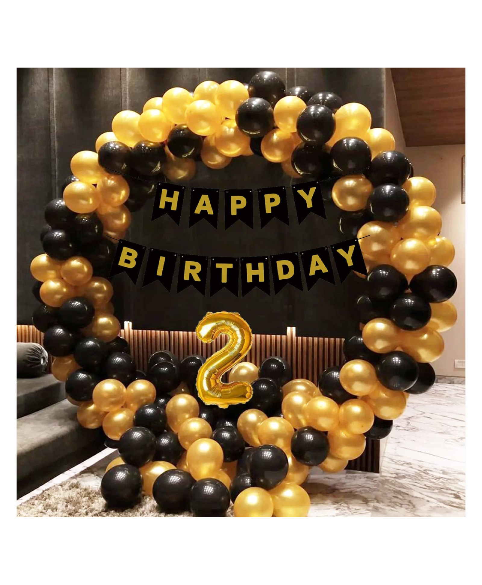Bubble Trouble Happy Party Studio 2nd / 2 Year Birthday Decoration for Boys 82 Combo Kit - Black Birthday Backdrop Banner, Black & Golden Metallic Balloons Party Decorations Set Items-picture-21
