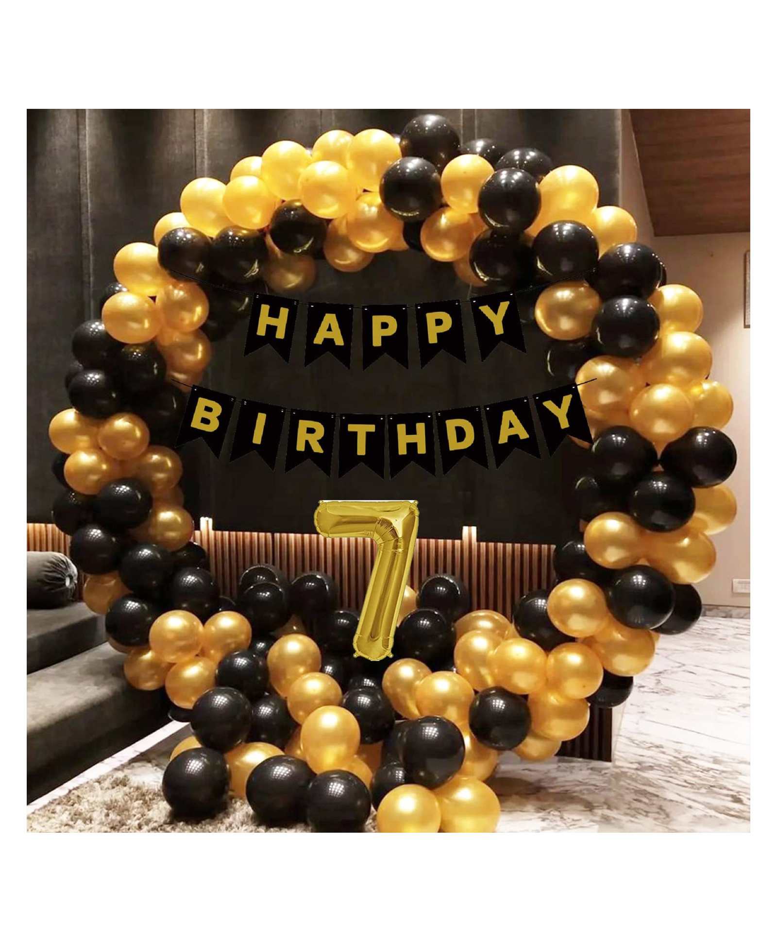 Bubble Trouble Happy Party Studio 7th / 7 Year Birthday Decoration 82 Combo Kit - Black Birthday Backdrop Banner, Black & Golden Metallic Balloons Party Decorations Set Items-picture-20