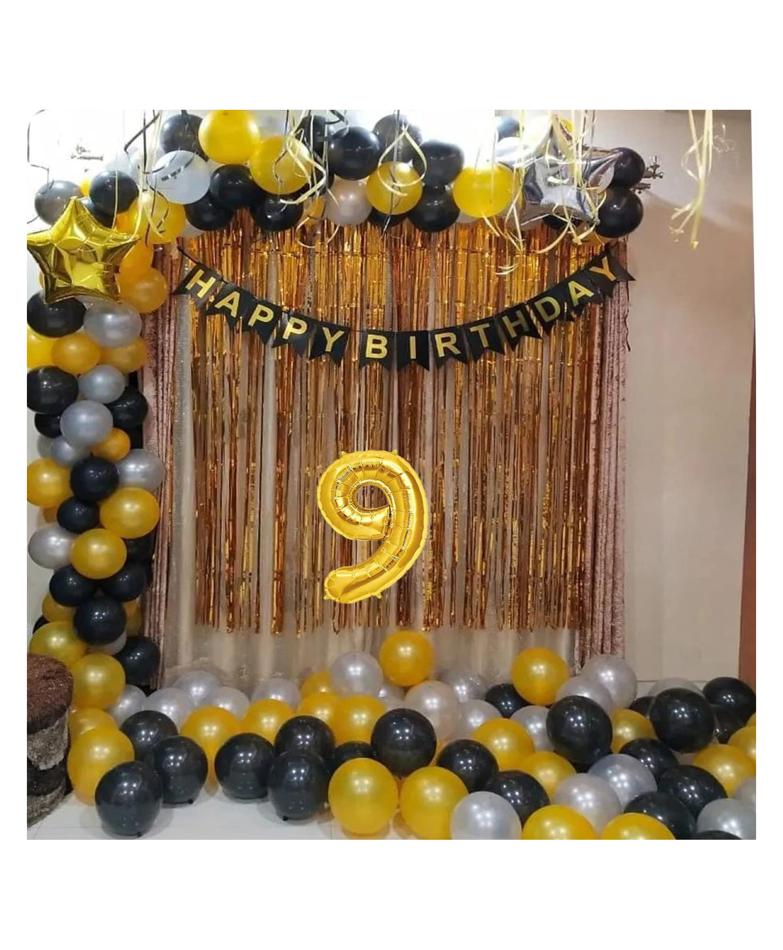Bubble Trouble Happy Party Studio 9th / 9 Year Birthday Decoration for Boys 123 Combo Kit Black, Silver, Golden Balloons, Happy Birthday Banner, Backdrop Curtain, No. Balloon Items-image-3