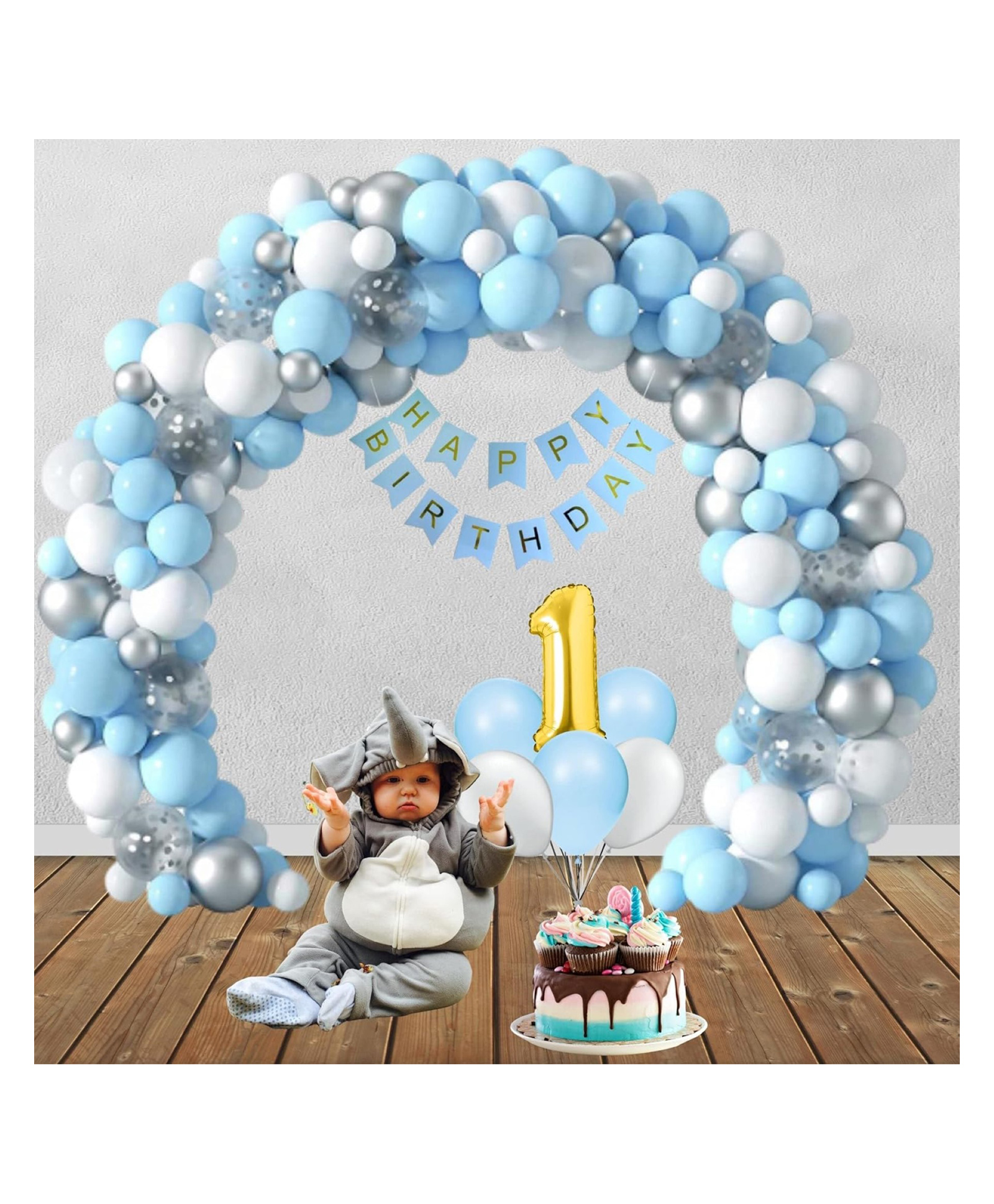 Bubble Trouble First 1st Birthday Decoration Boys, Baby Boy Kit with Banner, Numeric, Blue White Silver Balloon, Confetti Balloon, 16feet Balloon Arch Tape & 100 Glue Drop - 91 Pieces-picture-30