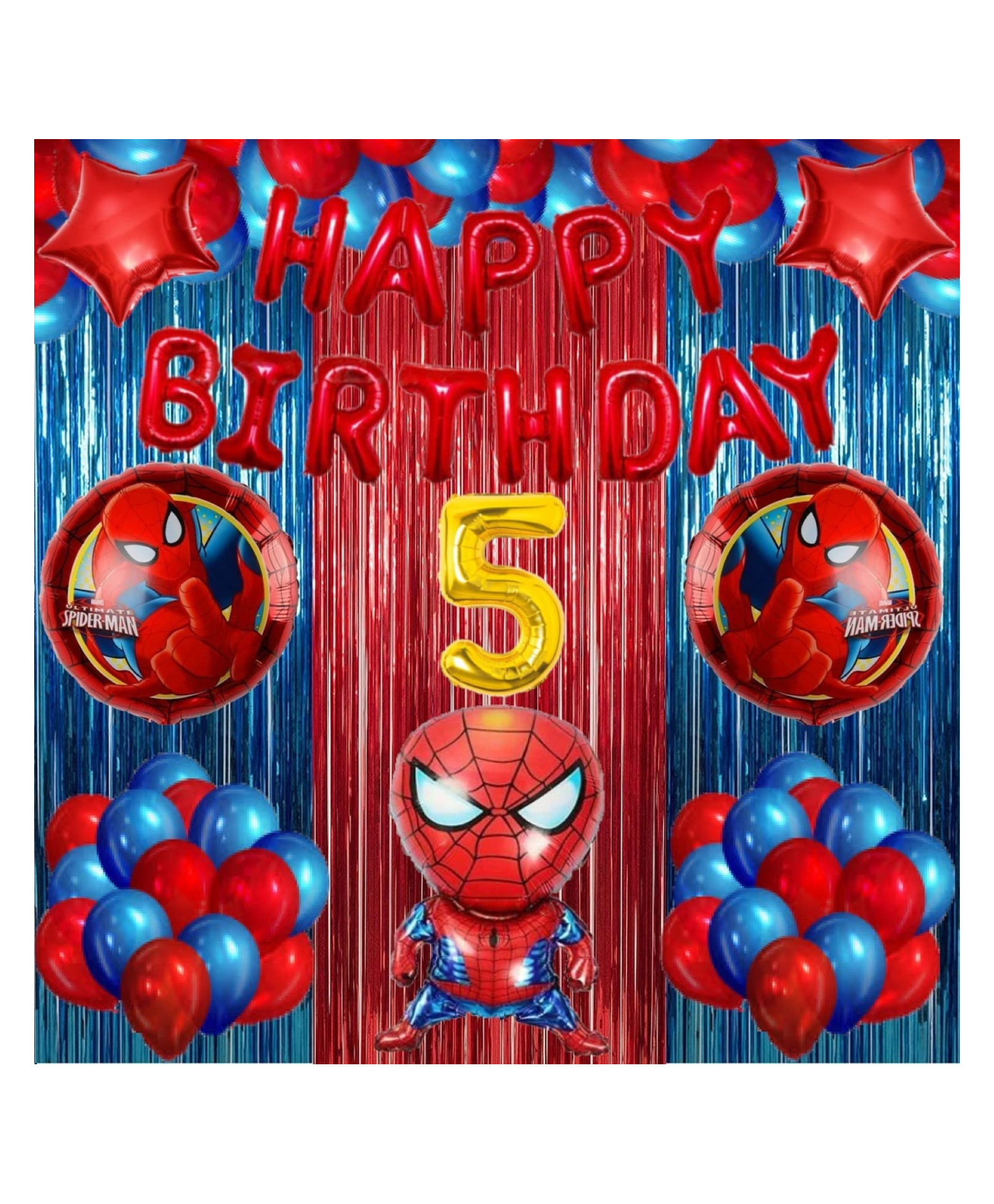 Bubble Trouble No 5 Gold Balloons with Spiderman Theme Birthday Decoration Items or Kit Red Foil Banner (Aluminium) Set of 13 Letters with 30 HD Royal Blue & Red Metallic Balloons birthday-image-36